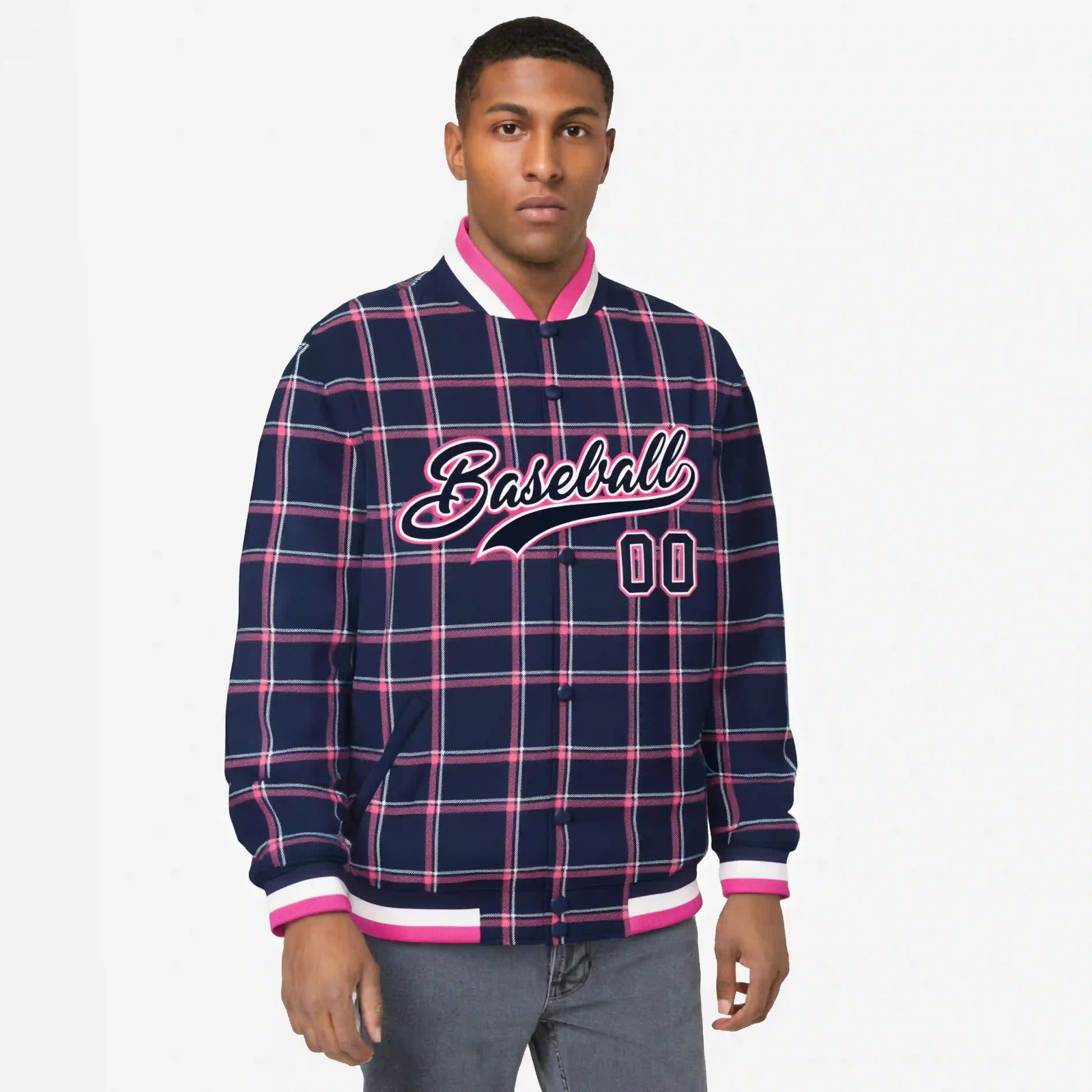 Custom Navy-Pink Varsity Full-Snap Plaid Pattern Letterman Baseball Jacket