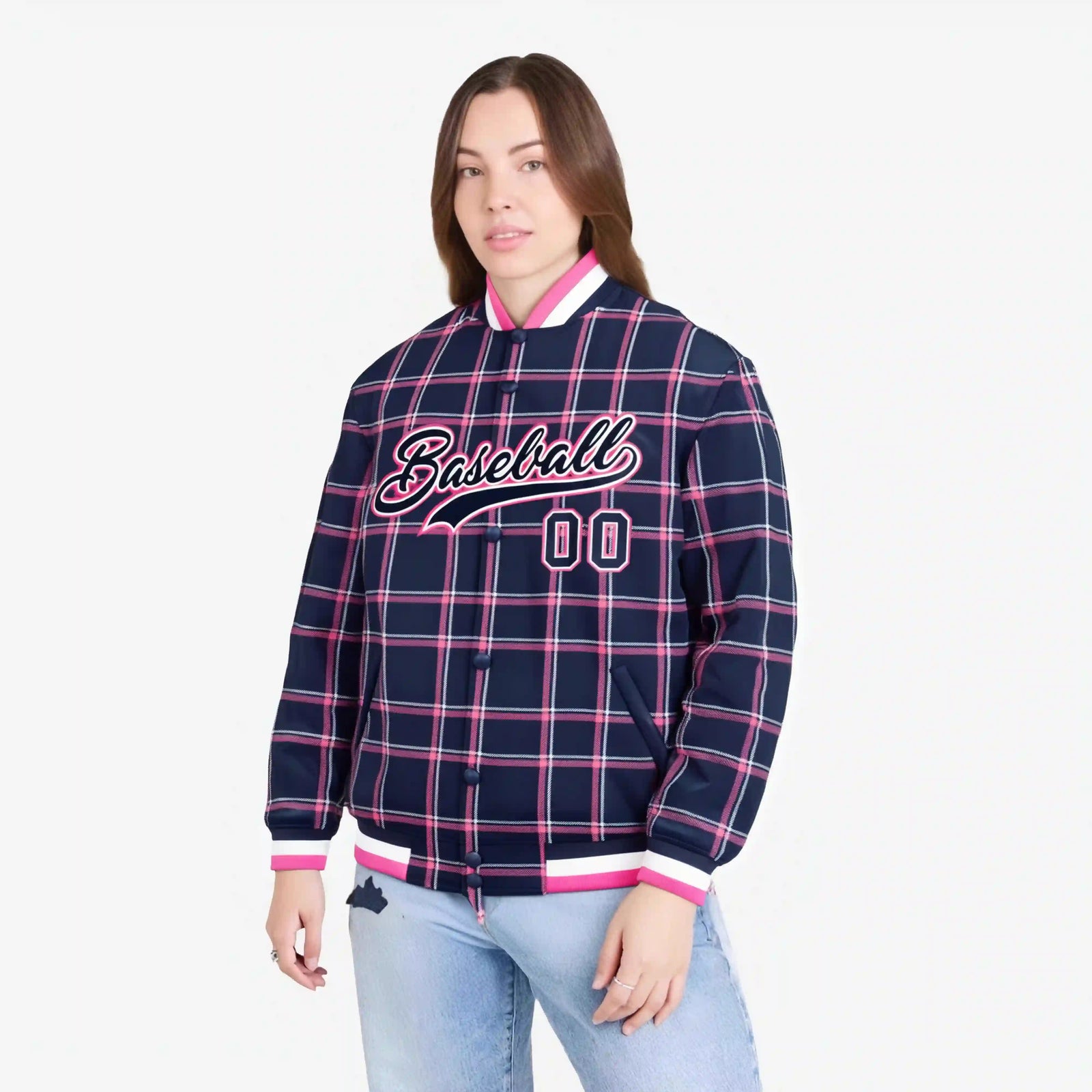 Custom Navy-Pink Varsity Full-Snap Plaid Pattern Letterman Baseball Jacket