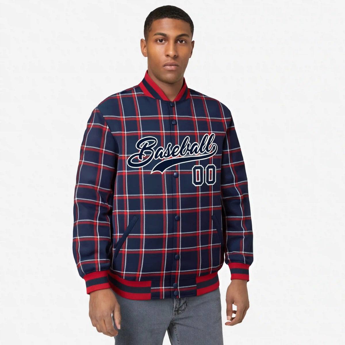 Custom Navy-Red Varsity Full-Snap Plaid Pattern Letterman Baseball Jacket