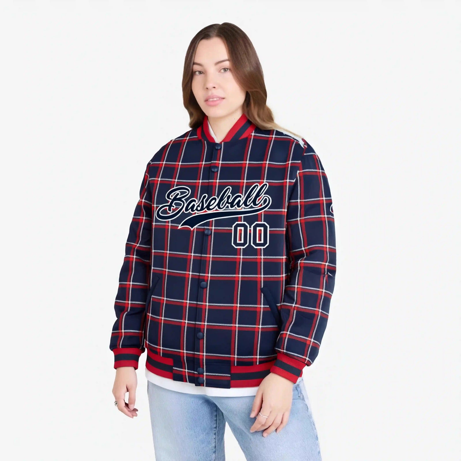 Custom Navy-Red Varsity Full-Snap Plaid Pattern Letterman Baseball Jacket