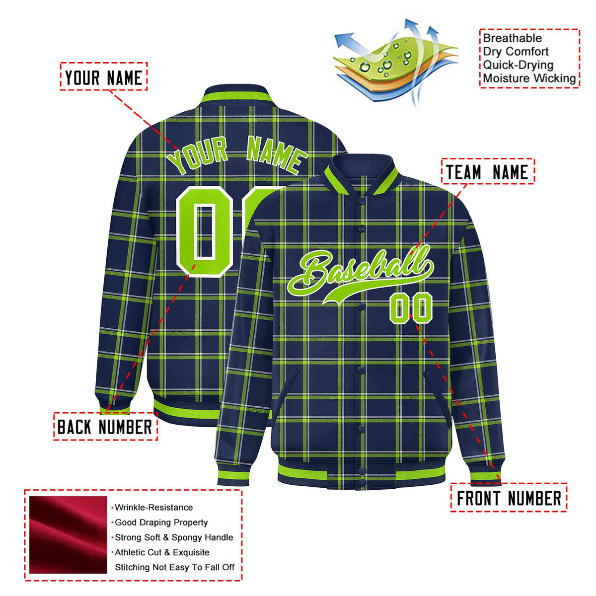 Custom Navy-Kelly Green Varsity Full-Snap Plaid Pattern Letterman Baseball Jacket