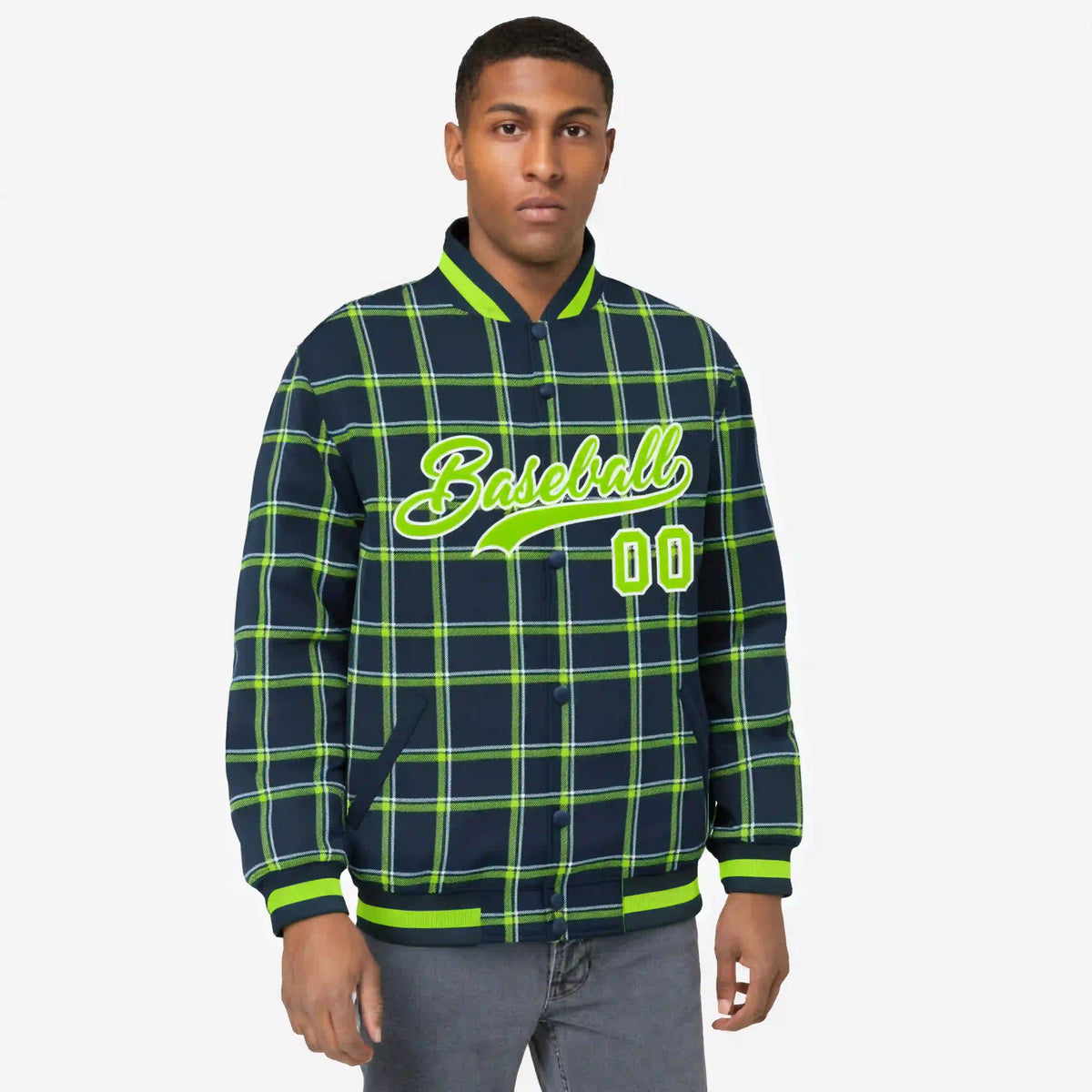 Custom Navy-Kelly Green Varsity Full-Snap Plaid Pattern Letterman Baseball Jacket
