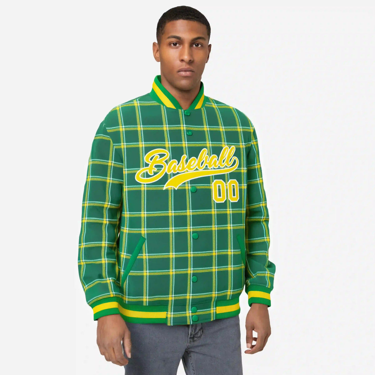Custom Kelly Green-Gold Varsity Full-Snap Plaid Pattern Letterman Baseball Jacket