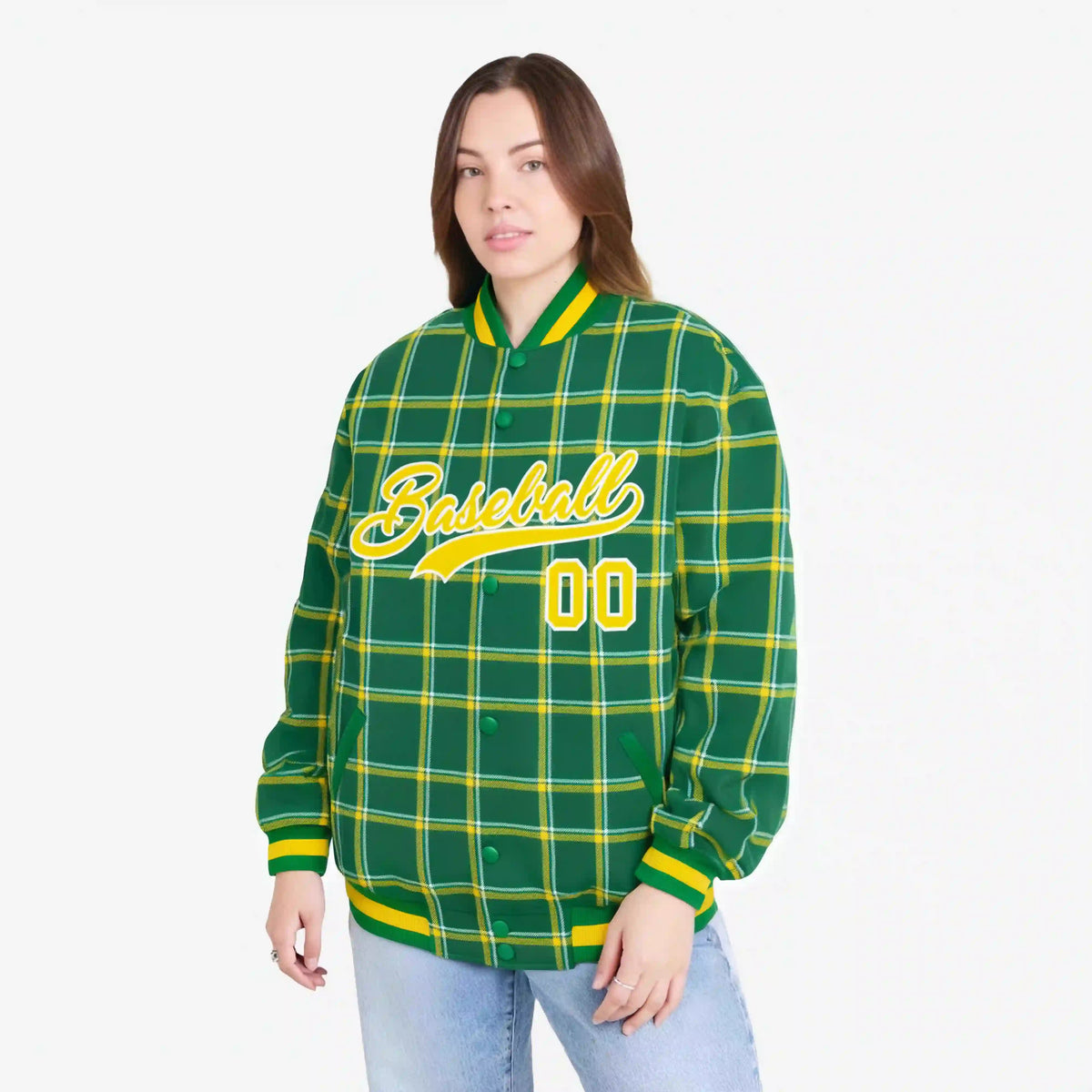 Custom Kelly Green-Gold Varsity Full-Snap Plaid Pattern Letterman Baseball Jacket
