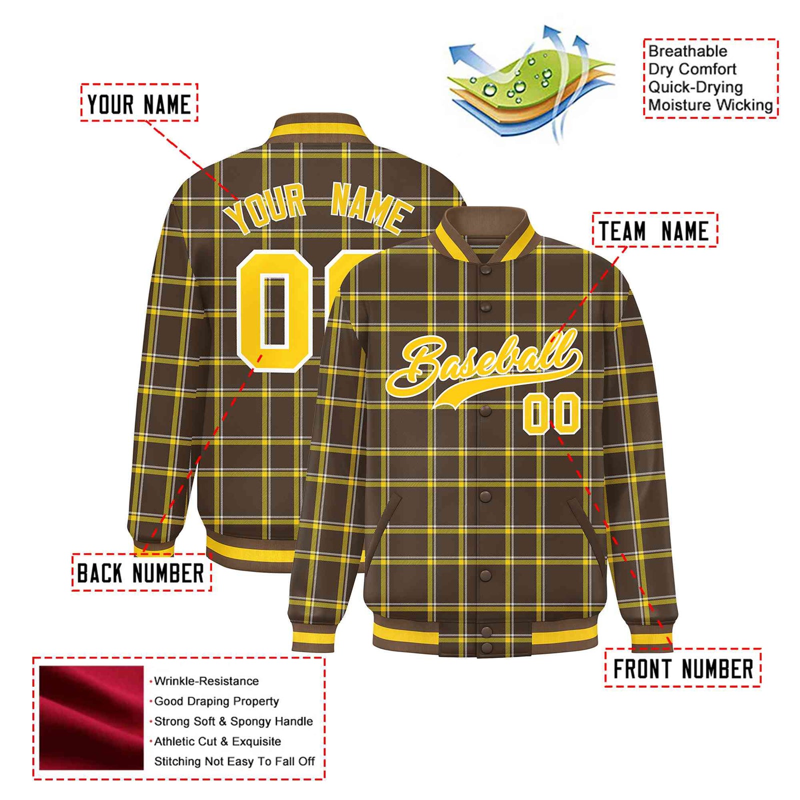 Custom Light Brown-Gold Varsity Full-Snap Plaid Pattern Letterman Baseball Jacket