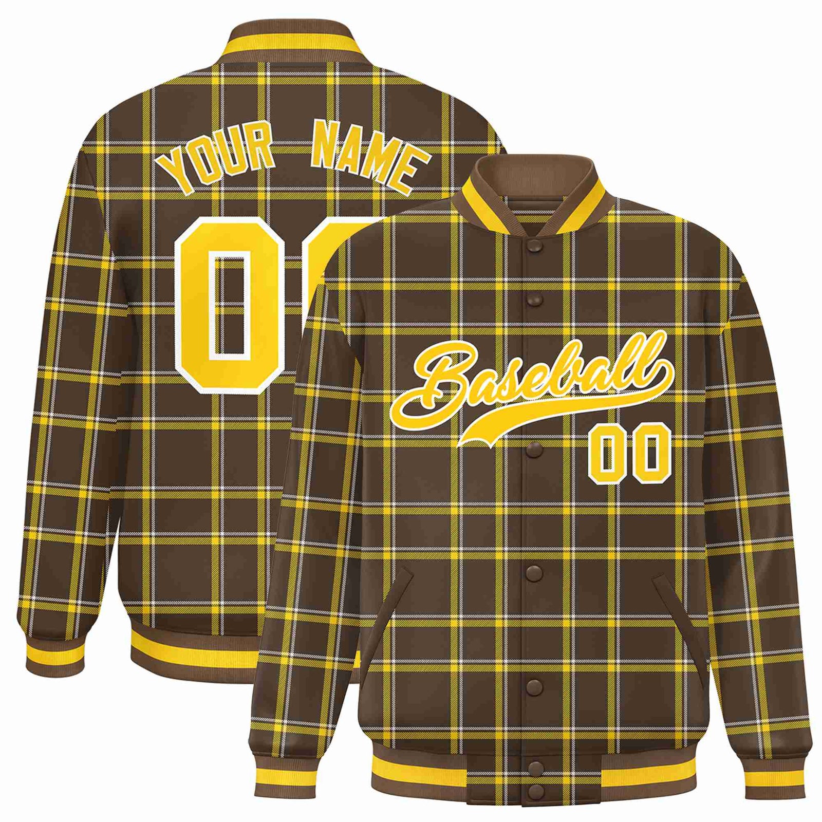Custom Light Brown-Gold Varsity Full-Snap Plaid Pattern Letterman Baseball Jacket