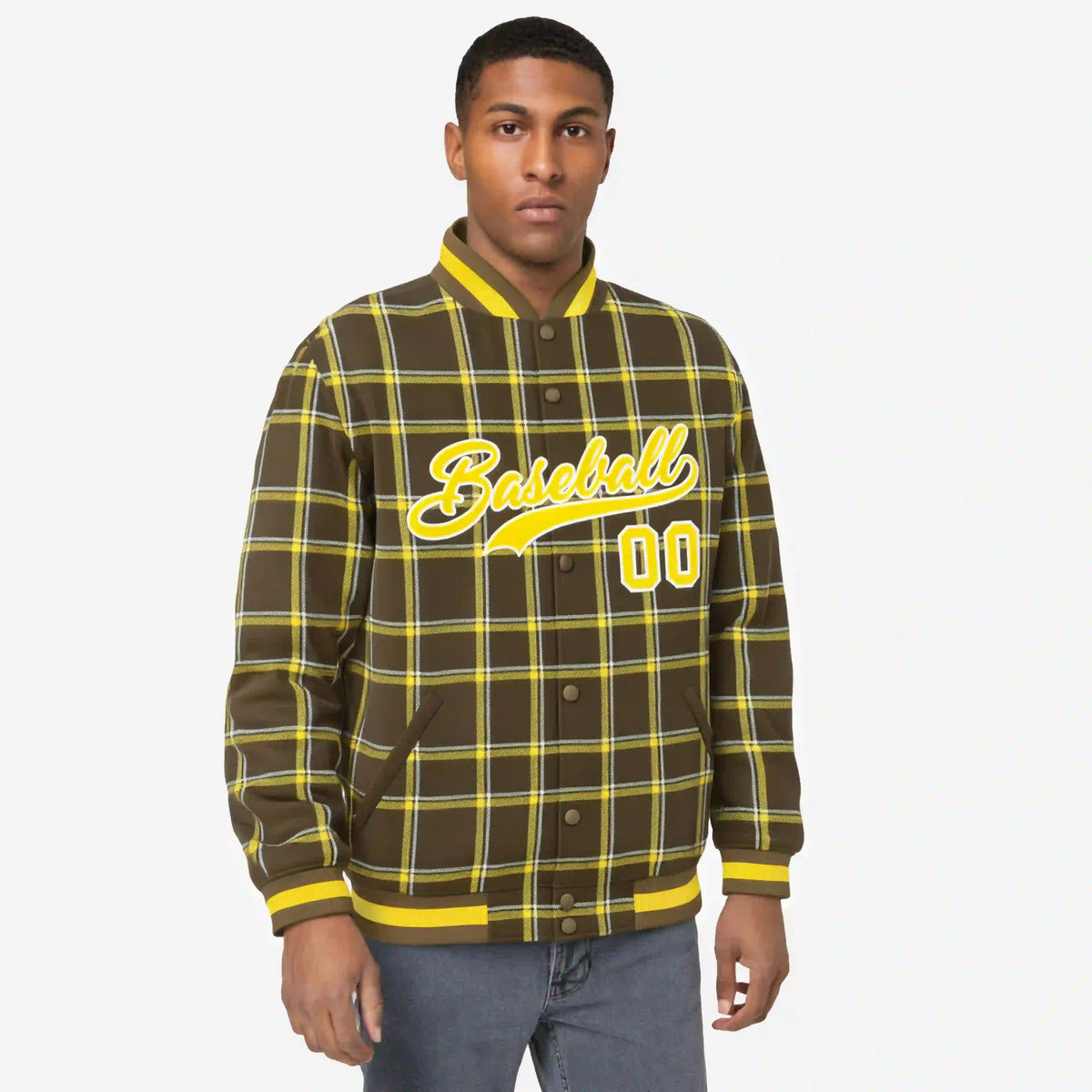 Custom Light Brown-Gold Varsity Full-Snap Plaid Pattern Letterman Baseball Jacket