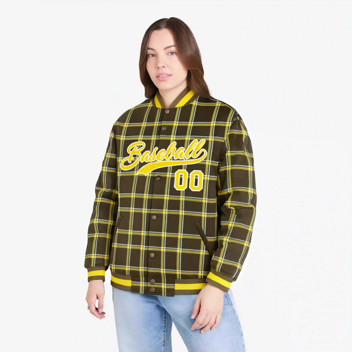 Custom Light Brown-Gold Varsity Full-Snap Plaid Pattern Letterman Baseball Jacket