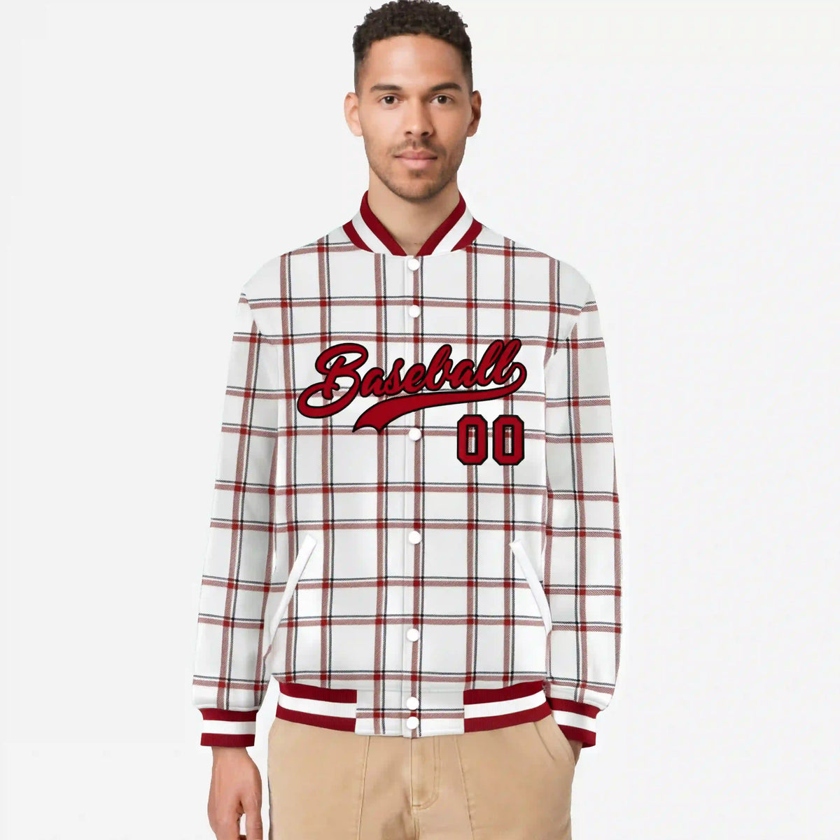 Custom White-Red Varsity Full-Snap Plaid Pattern Letterman Baseball Jacket