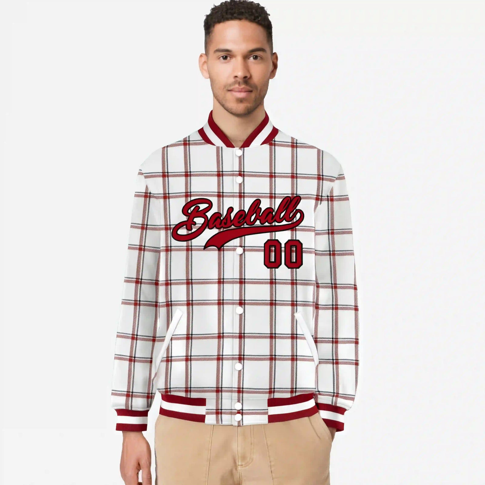 Custom White-Red Varsity Full-Snap Plaid Pattern Letterman Baseball Jacket