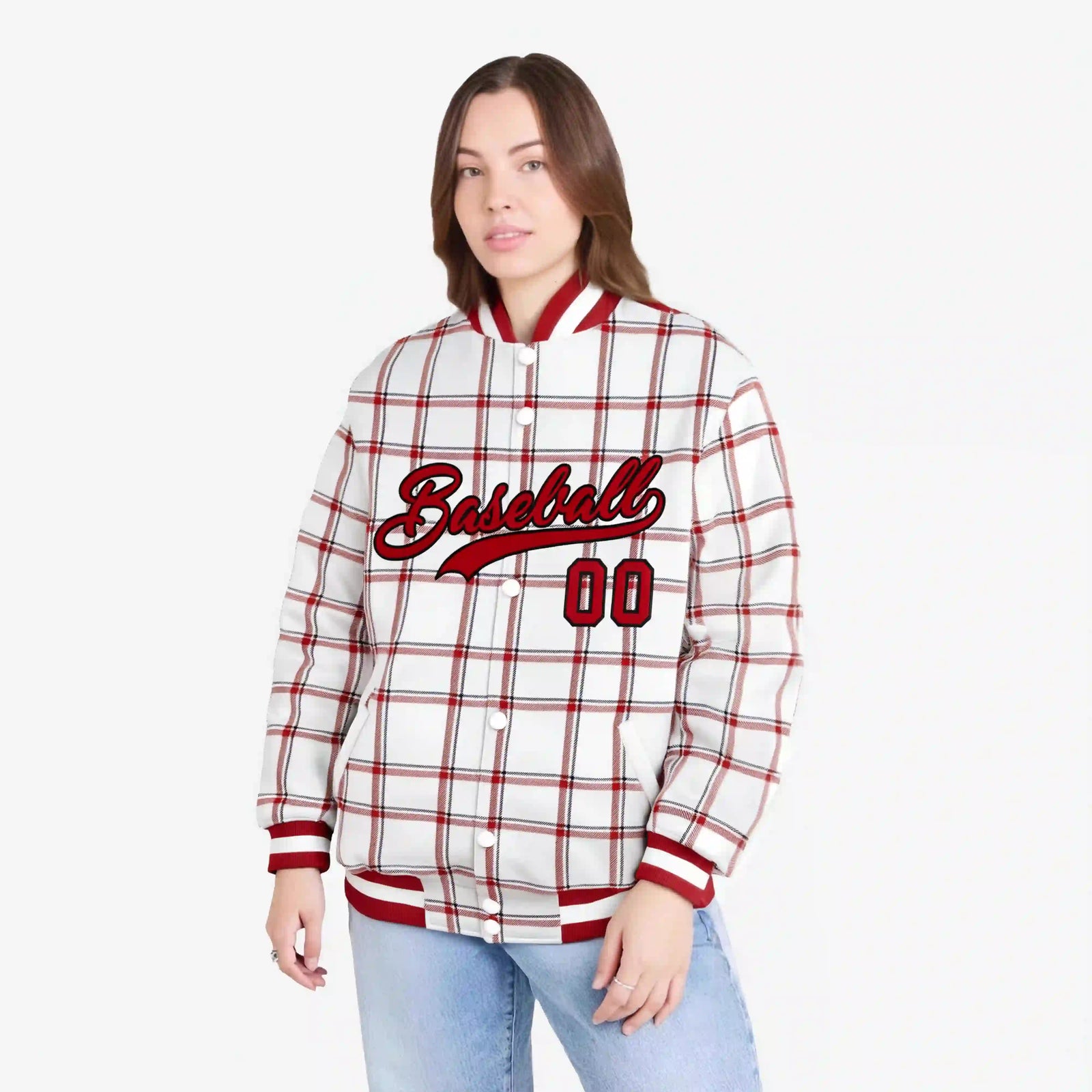 Custom White-Red Varsity Full-Snap Plaid Pattern Letterman Baseball Jacket