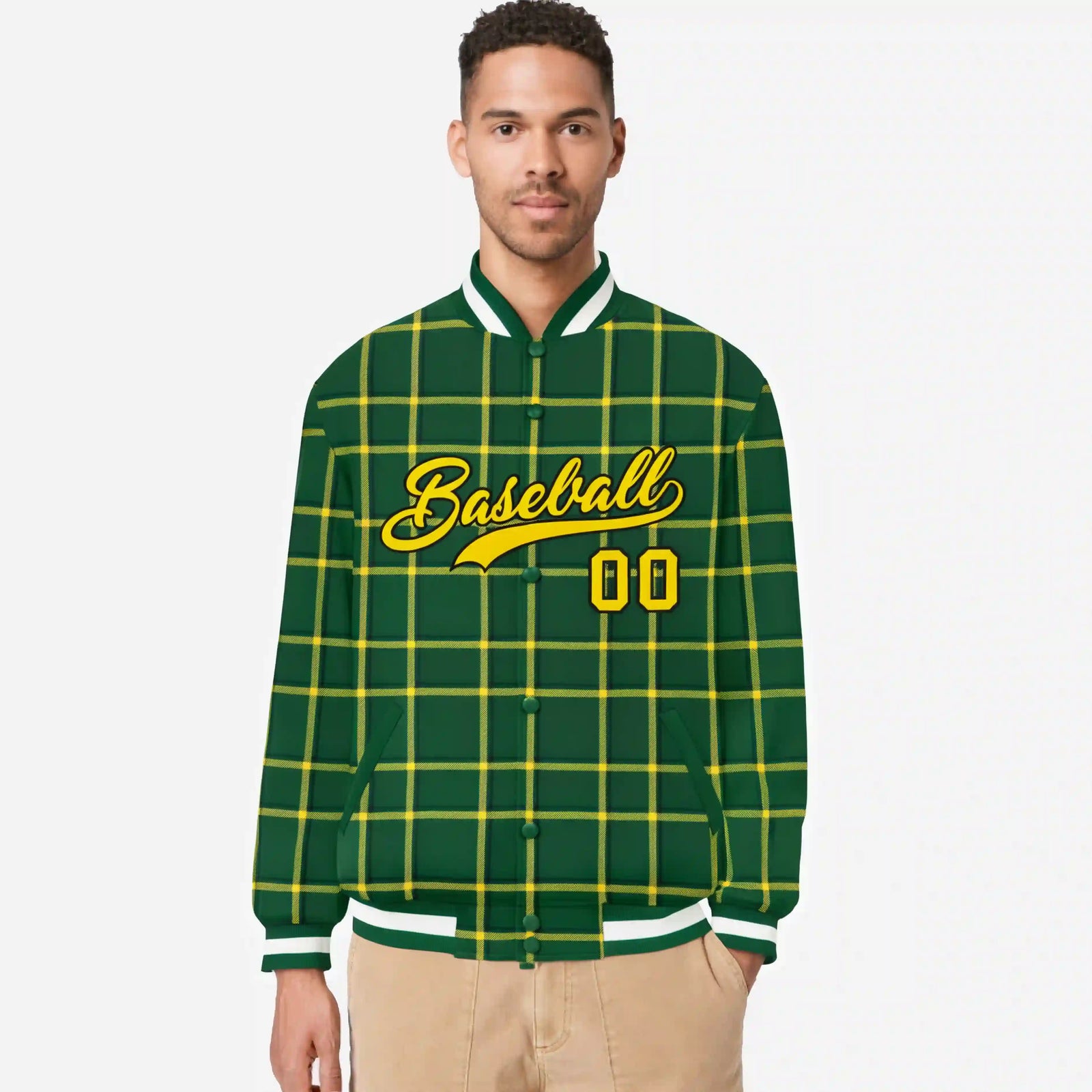 Custom Green-Gold Varsity Full-Snap Plaid Pattern Letterman Baseball Jacket