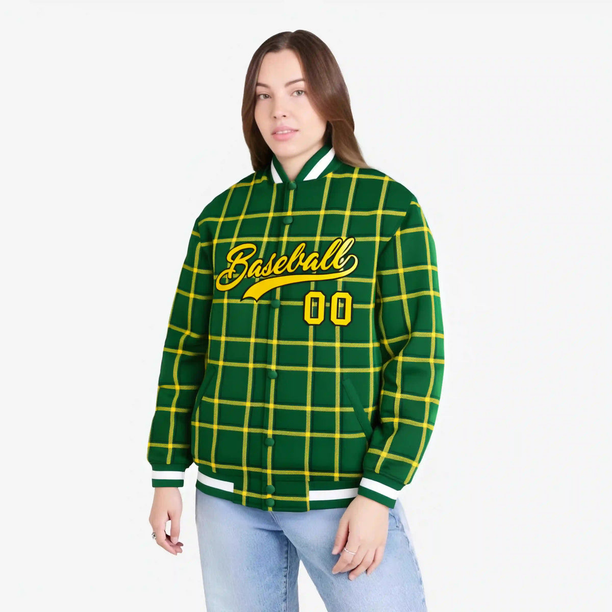 Custom Green-Gold Varsity Full-Snap Plaid Pattern Letterman Baseball Jacket