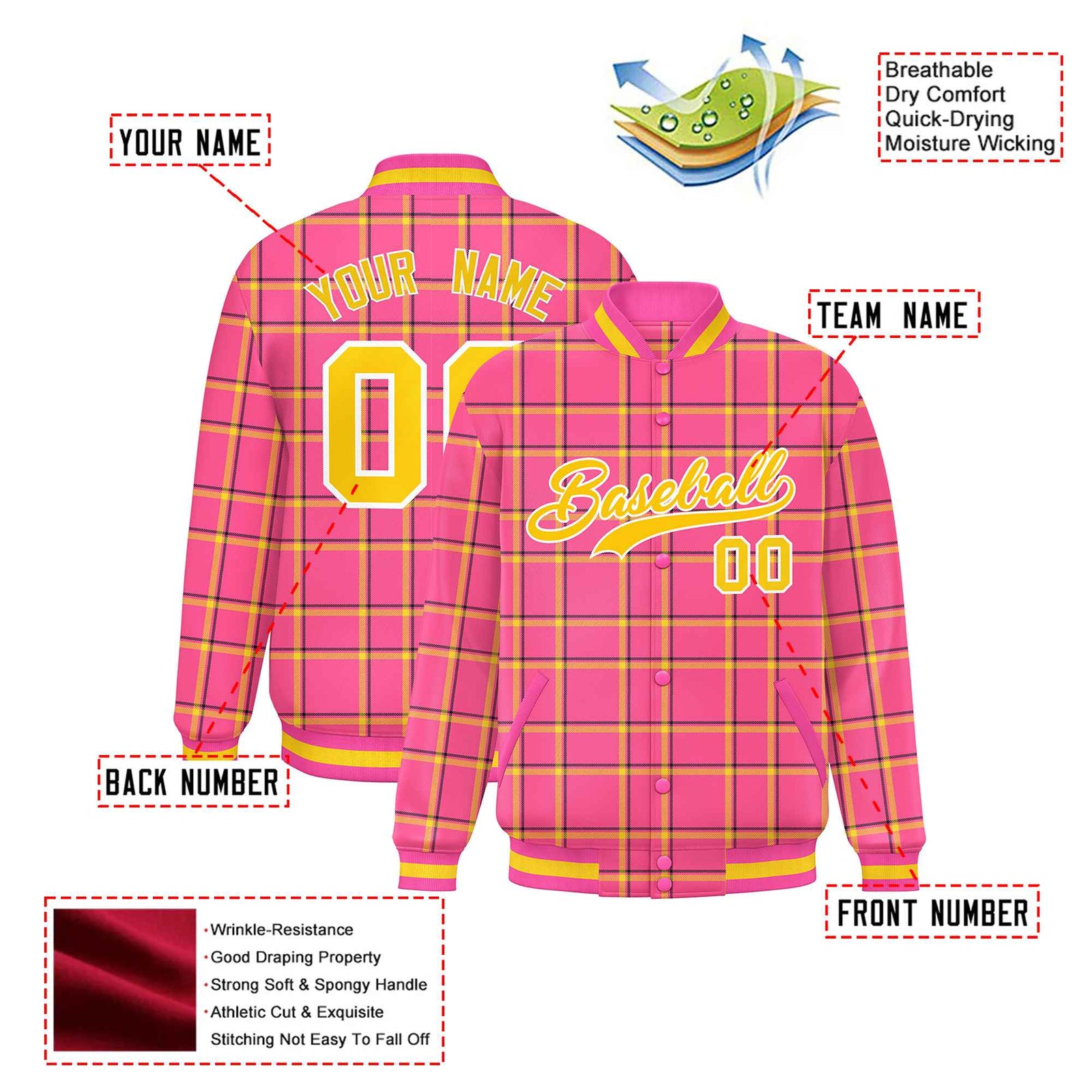 Custom Pink-Gold Varsity Full-Snap Plaid Pattern Letterman Baseball Jacket