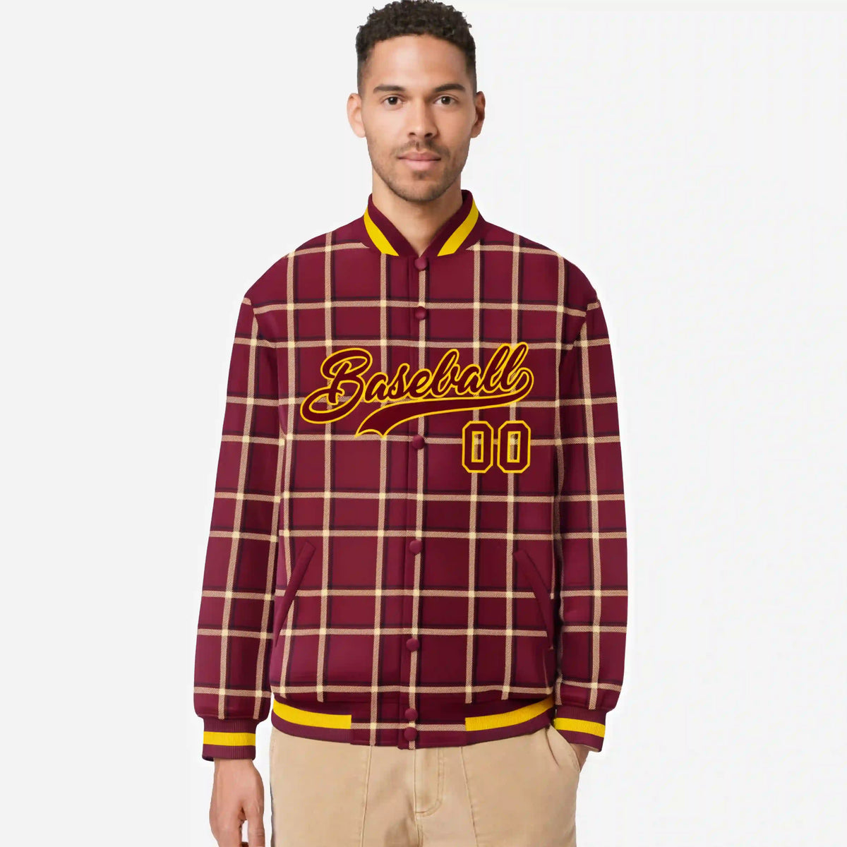 Custom Crimson-Gold Varsity Full-Snap Plaid Pattern Letterman Baseball Jacket