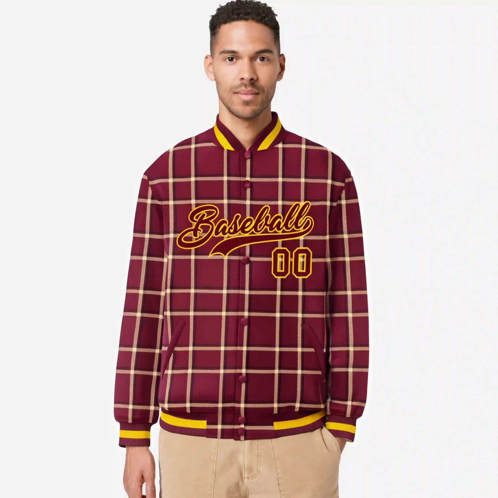 Custom Crimson-Gold Varsity Full-Snap Plaid Pattern Letterman Baseball Jacket