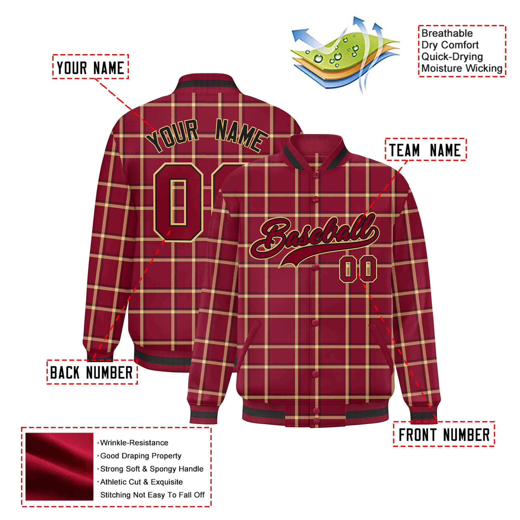 Custom Crimson-Gold Varsity Full-Snap Plaid Pattern Letterman Baseball Jacket