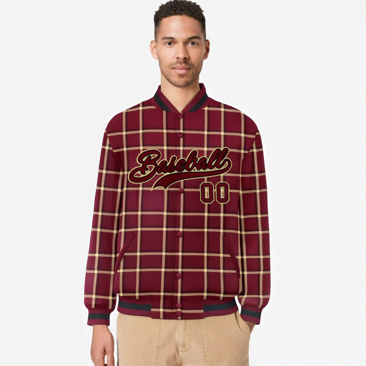 Custom Crimson-Gold Varsity Full-Snap Plaid Pattern Letterman Baseball Jacket