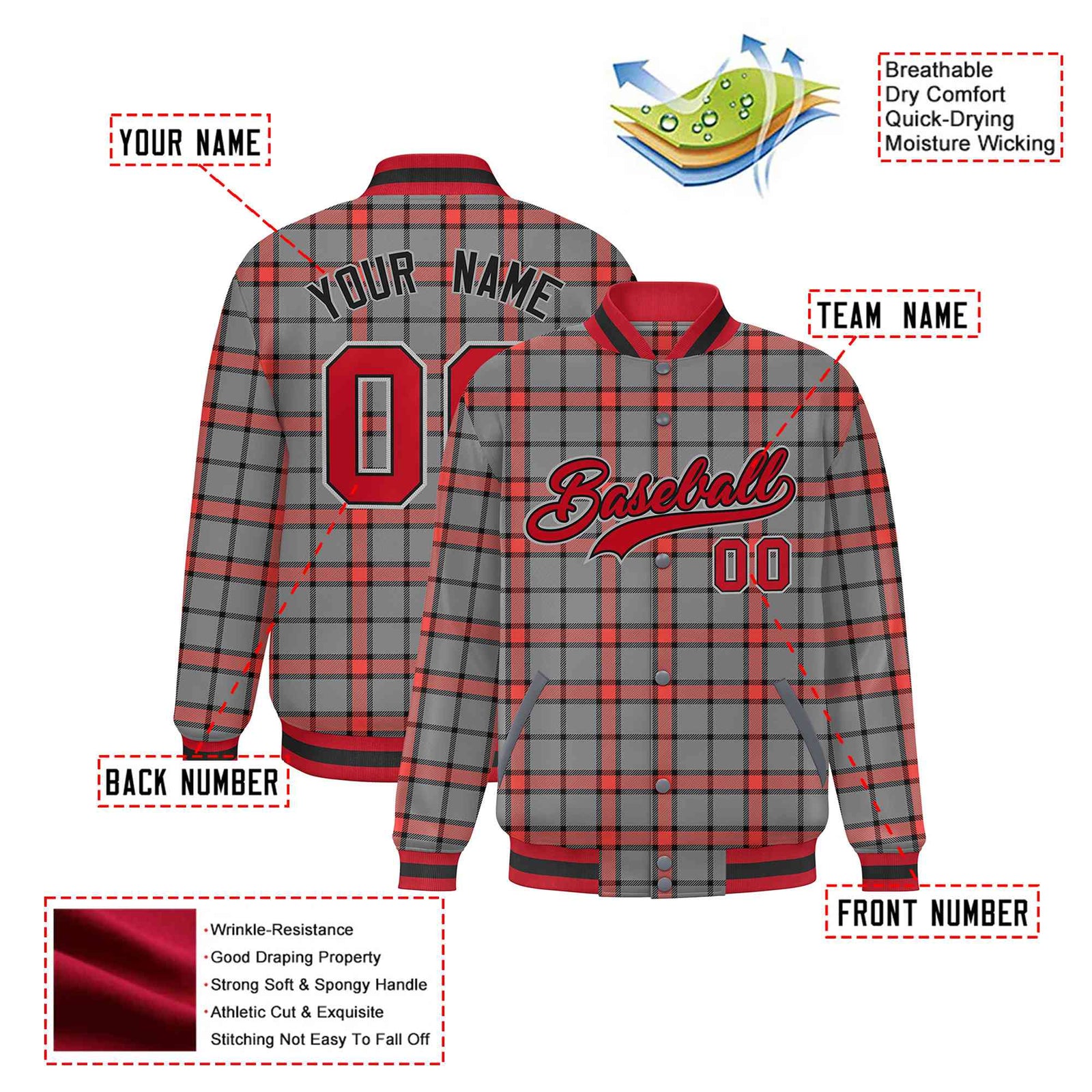 Custom Gray-Red Varsity Full-Snap Plaid Pattern Letterman Baseball Jacket