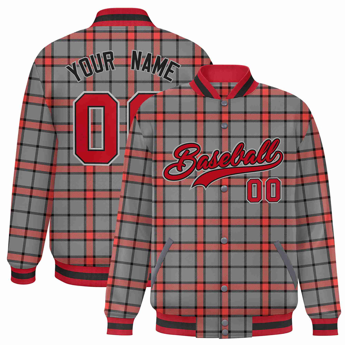 Custom Gray-Red Varsity Full-Snap Plaid Pattern Letterman Baseball Jacket