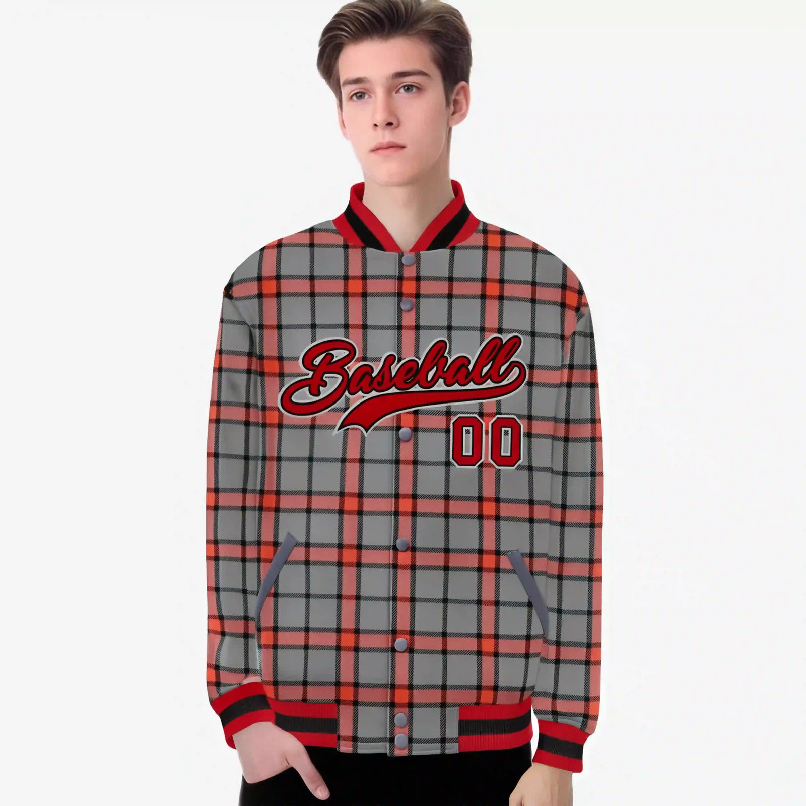 Custom Gray-Red Varsity Full-Snap Plaid Pattern Letterman Baseball Jacket