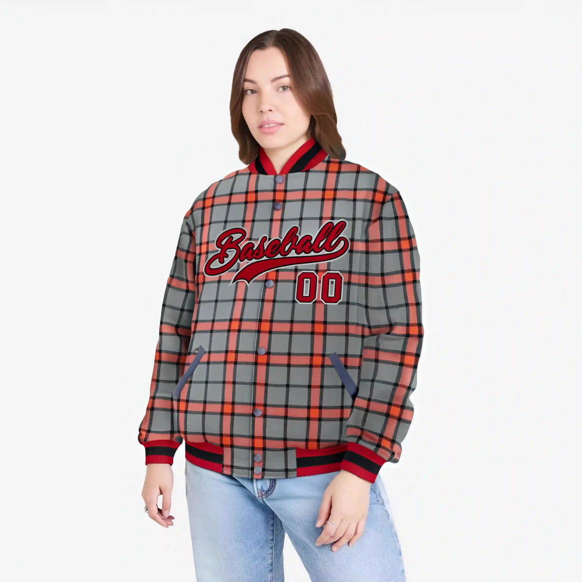Custom Gray-Red Varsity Full-Snap Plaid Pattern Letterman Baseball Jacket