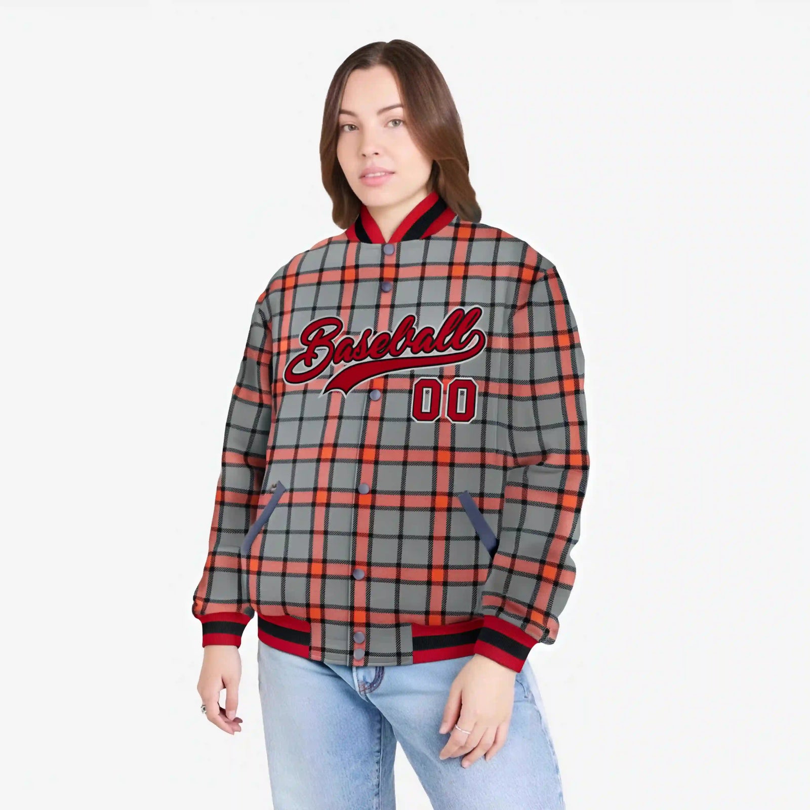 Custom Gray-Red Varsity Full-Snap Plaid Pattern Letterman Baseball Jacket
