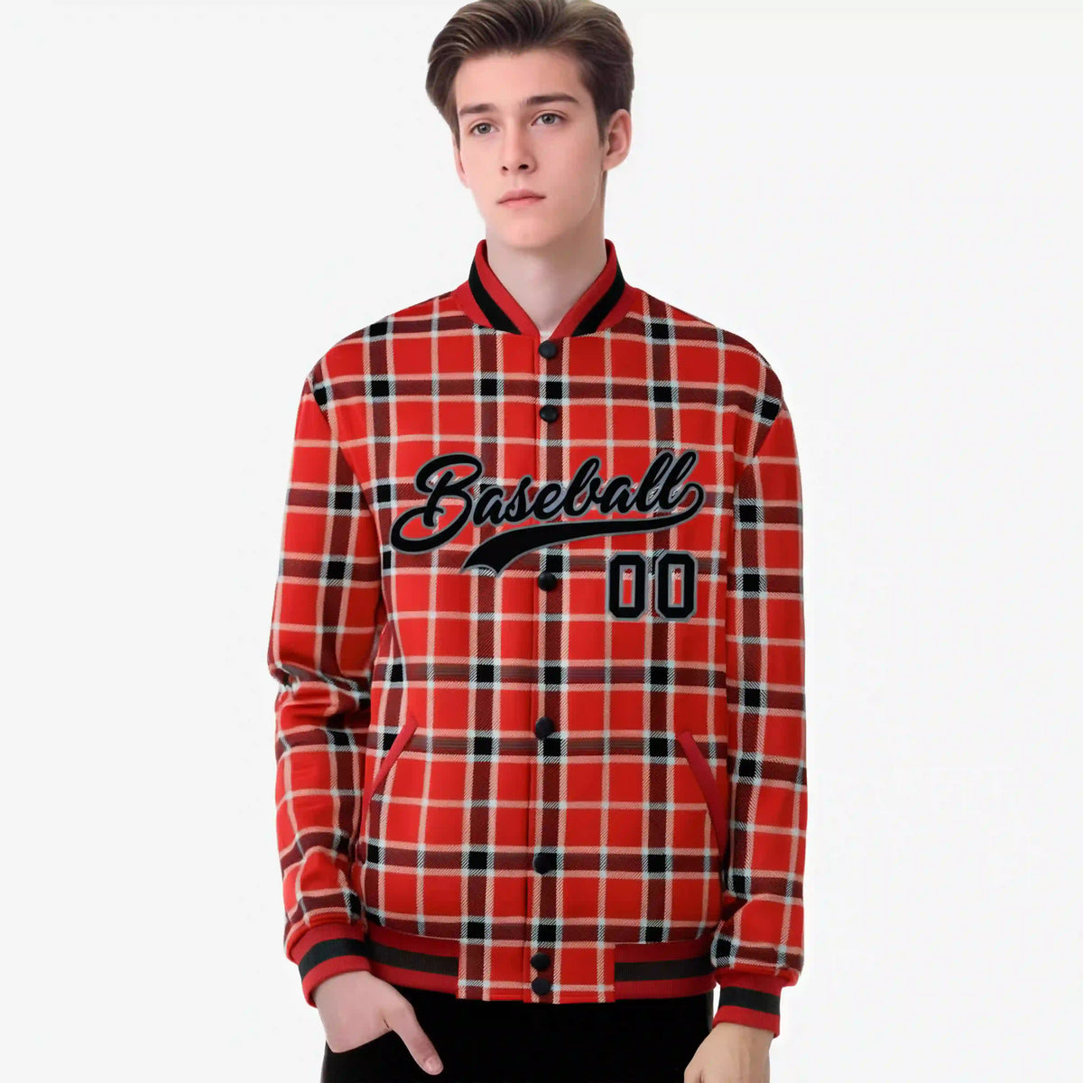 Custom Red-Crimson Varsity Full-Snap Plaid Pattern Letterman Baseball Jacket