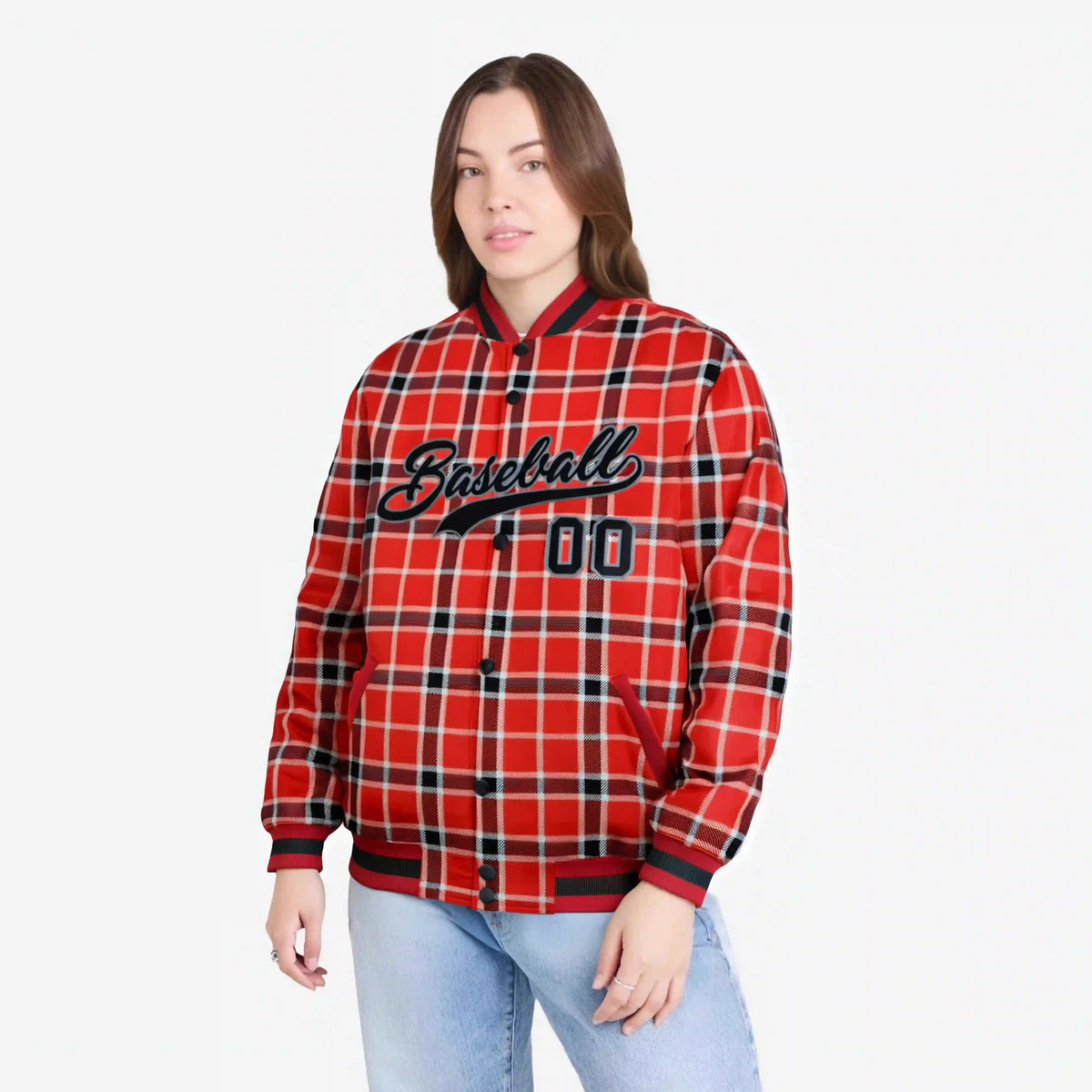 Custom Red-Crimson Varsity Full-Snap Plaid Pattern Letterman Baseball Jacket
