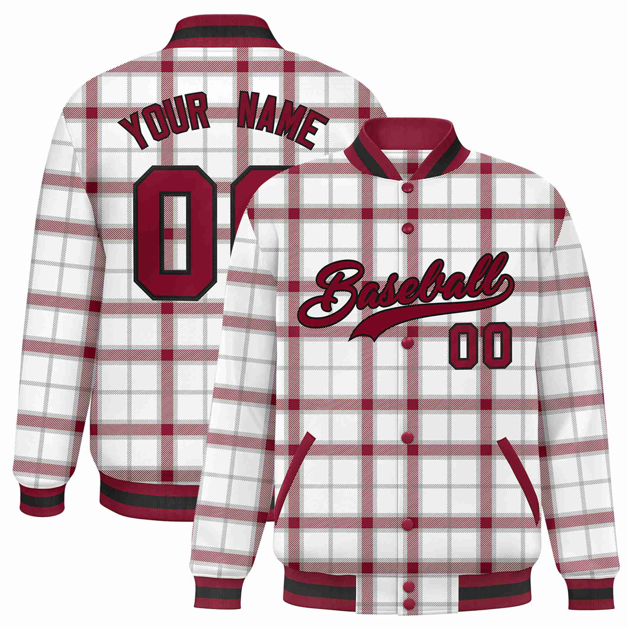 Custom White-Crimson Varsity Full-Snap Plaid Pattern Letterman Baseball Jacket