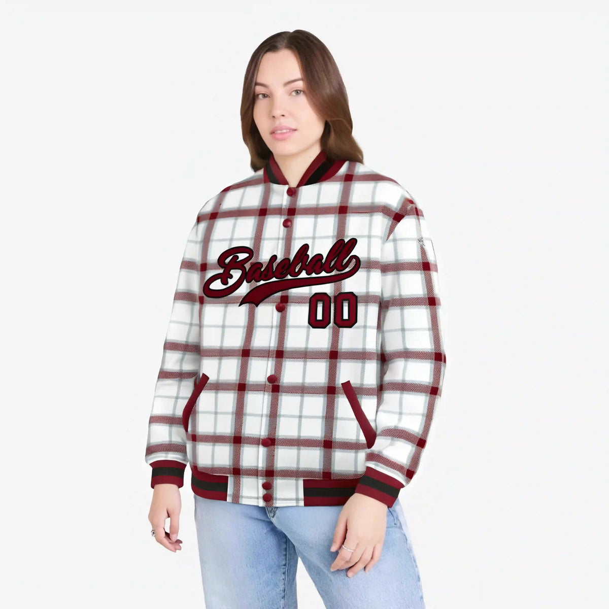 Custom White-Crimson Varsity Full-Snap Plaid Pattern Letterman Baseball Jacket