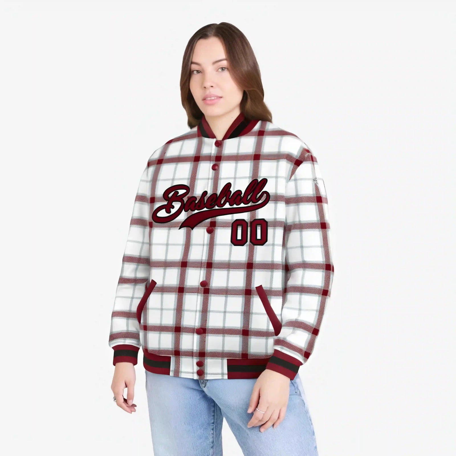 Custom White-Crimson Varsity Full-Snap Plaid Pattern Letterman Baseball Jacket