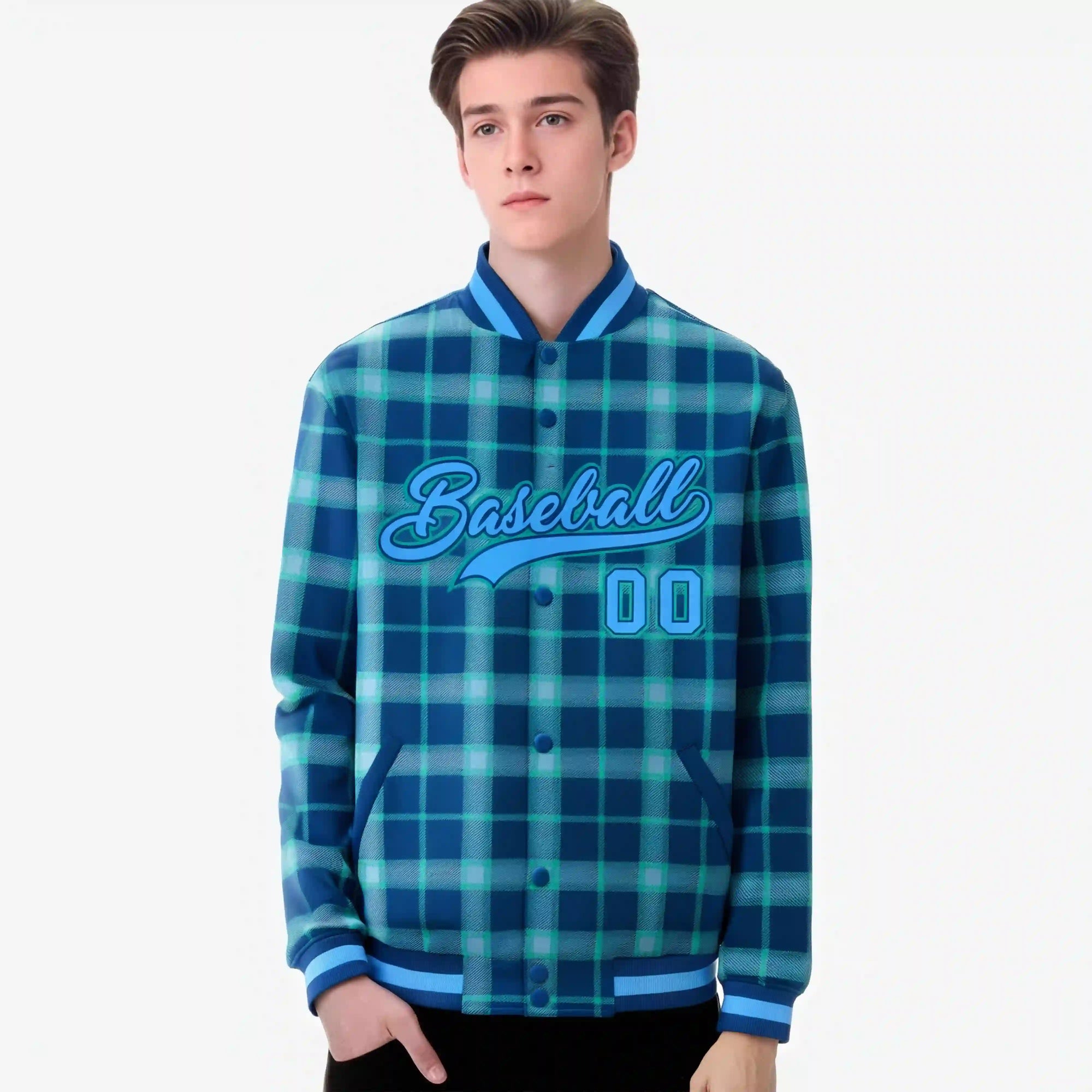 Custom Royal Blue Varsity Full-Snap Plaid Pattern Letterman Baseball Jacket