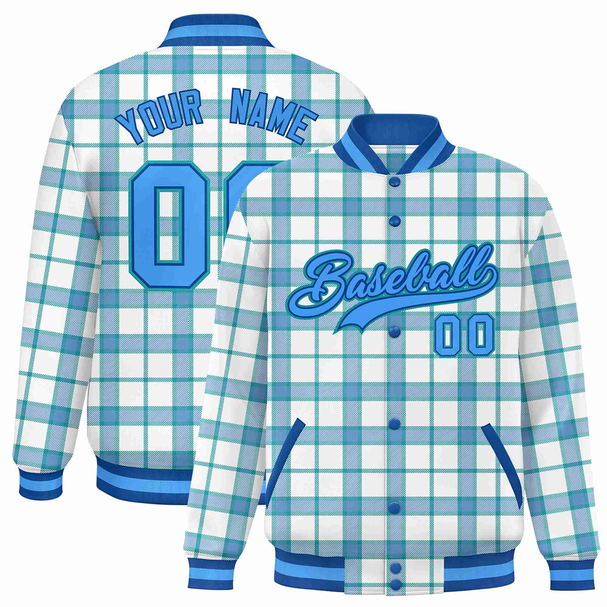 Custom Cream-Light Blue Varsity Full-Snap Plaid Pattern Letterman Baseball Jacket