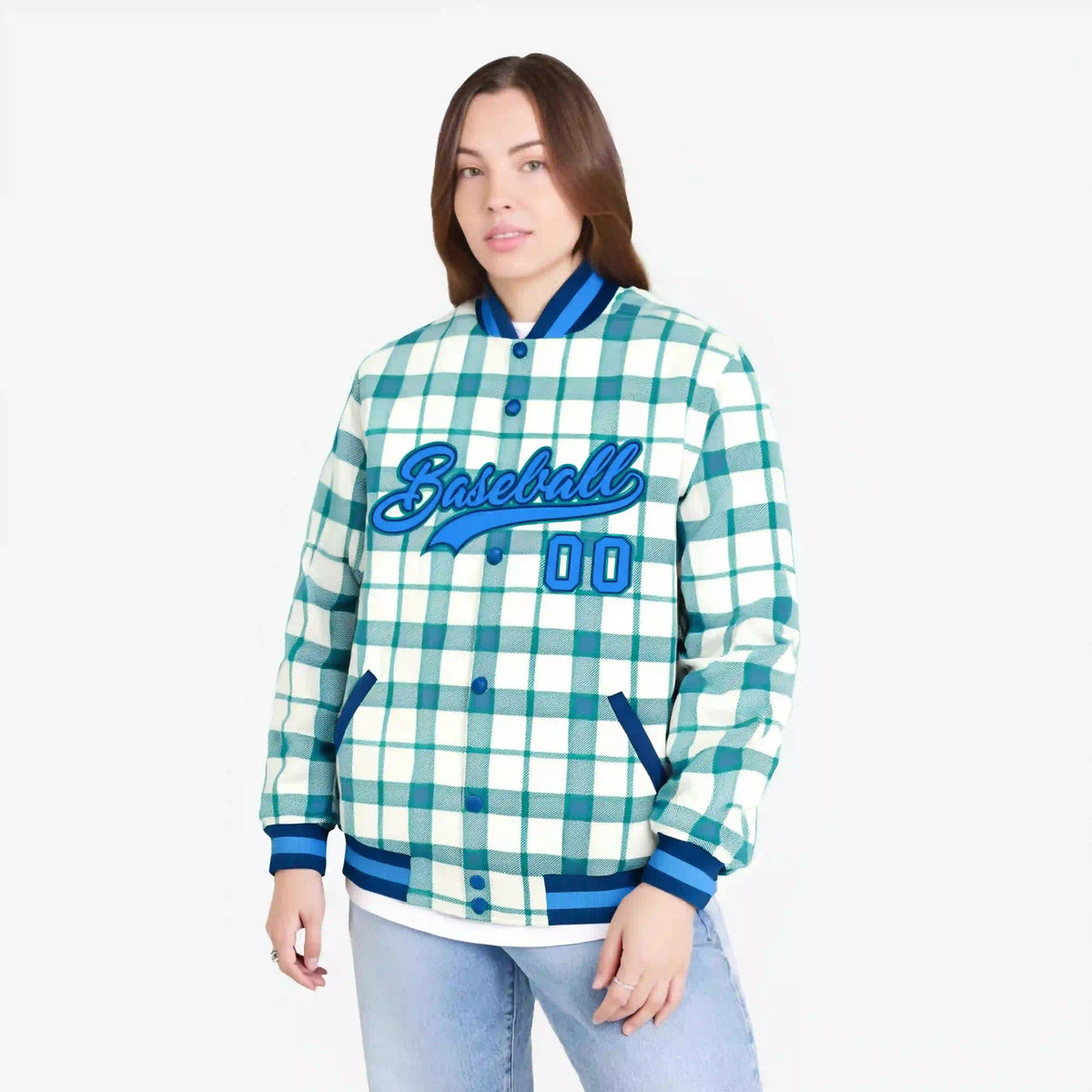 Custom Cream-Light Blue Varsity Full-Snap Plaid Pattern Letterman Baseball Jacket