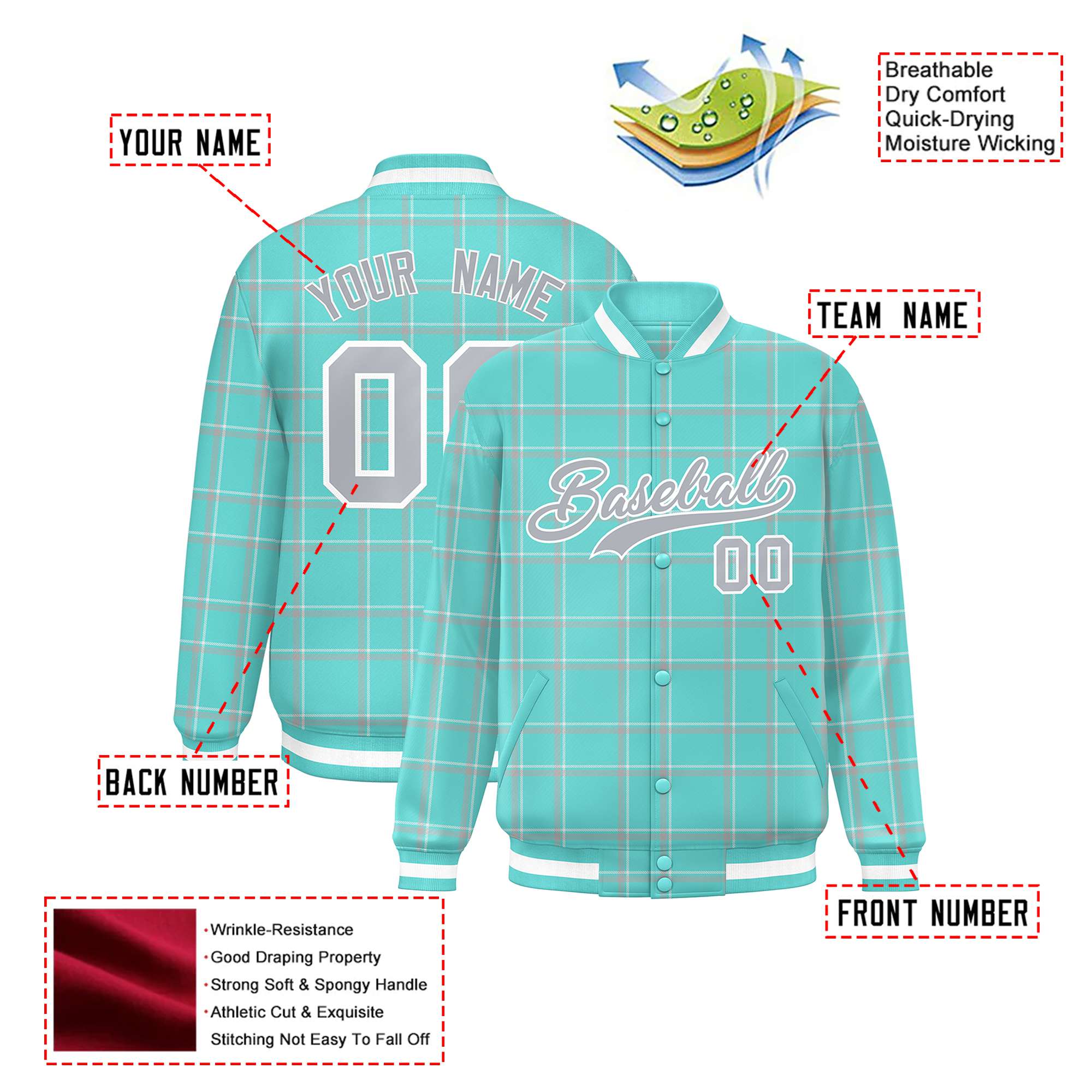 Custom Aqua-Gray Varsity Full-Snap Plaid Pattern Letterman Baseball Jacket