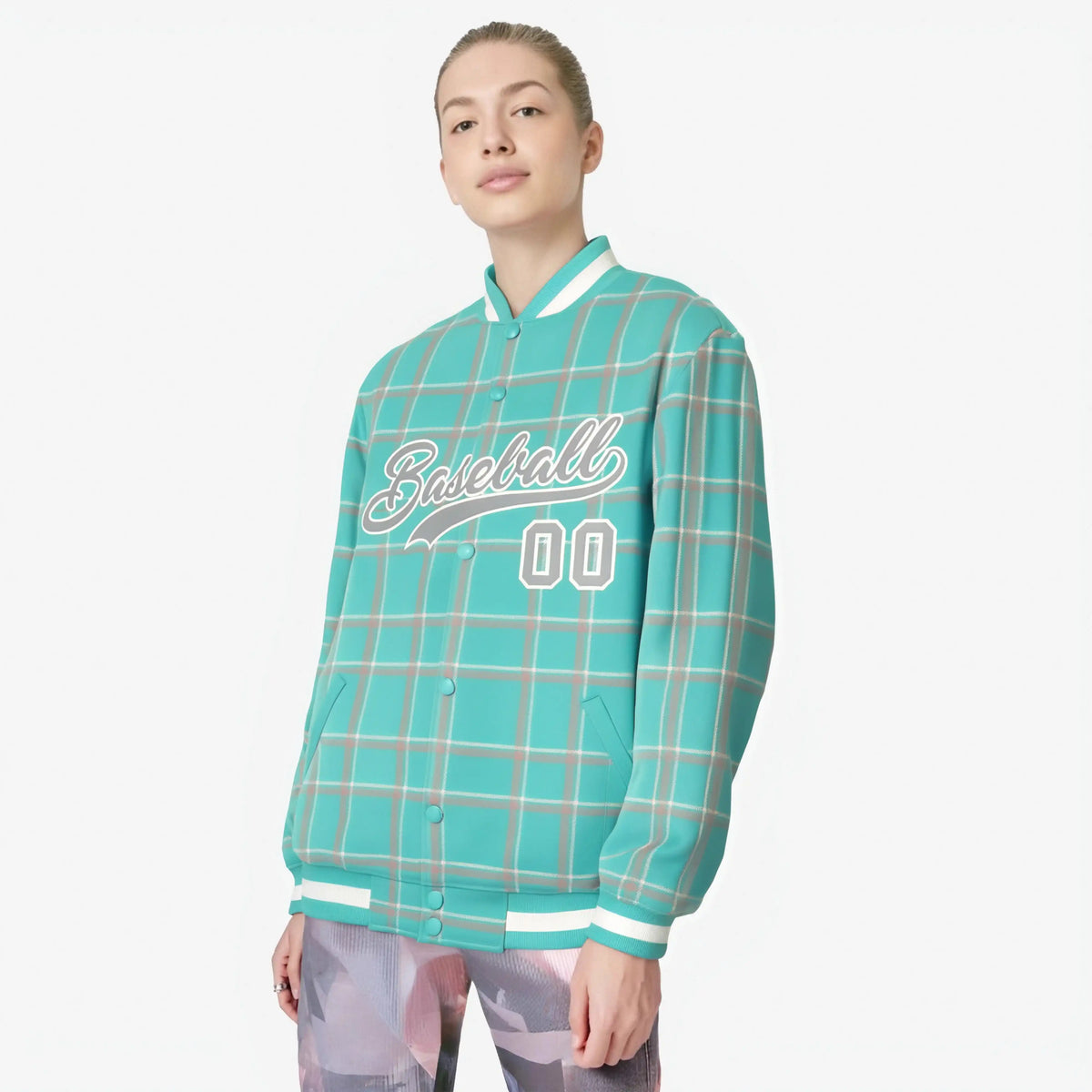 Custom Aqua-Gray Varsity Full-Snap Plaid Pattern Letterman Baseball Jacket