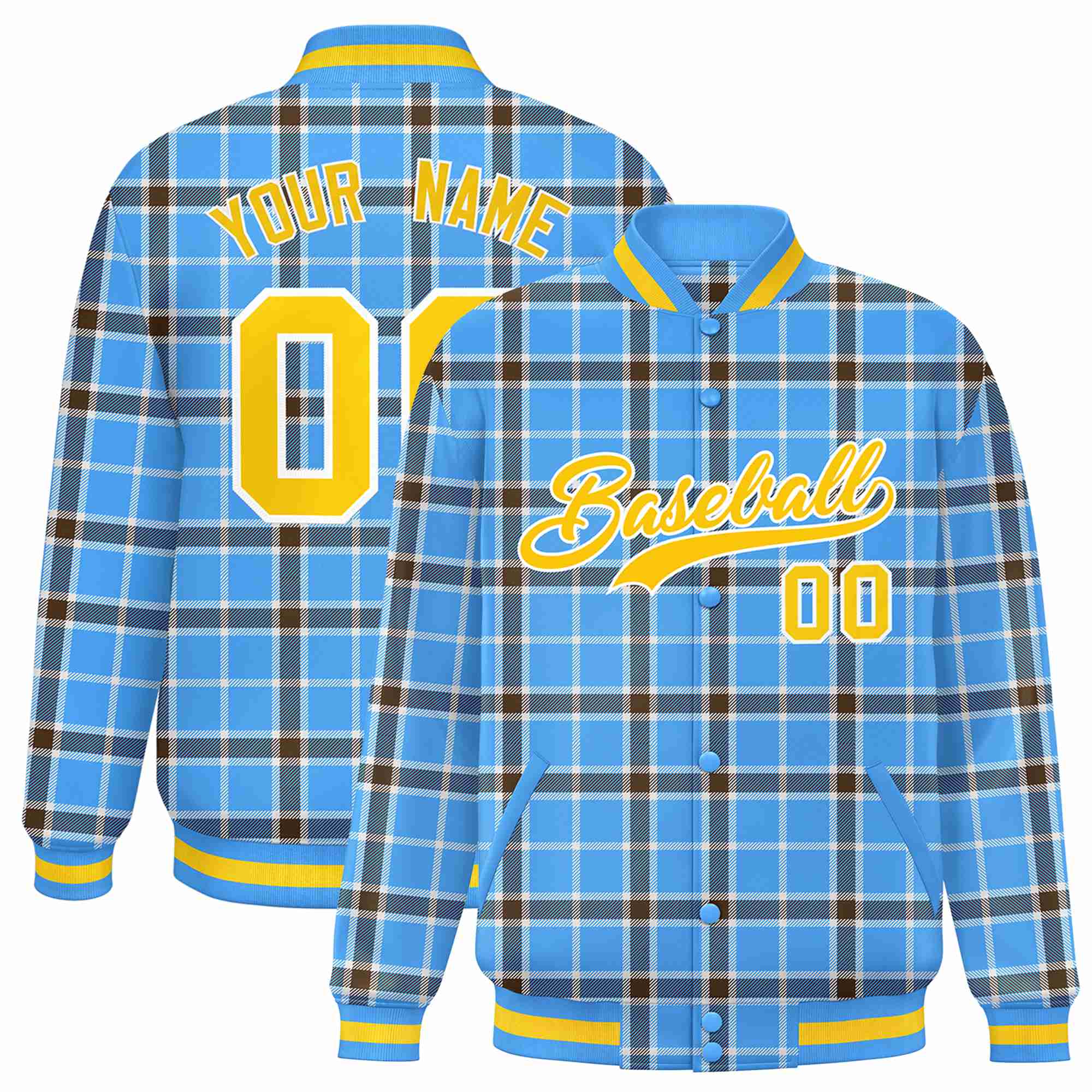 Custom Powder Blue-Dark Gray Varsity Full-Snap Plaid Pattern Letterman Baseball Jacket