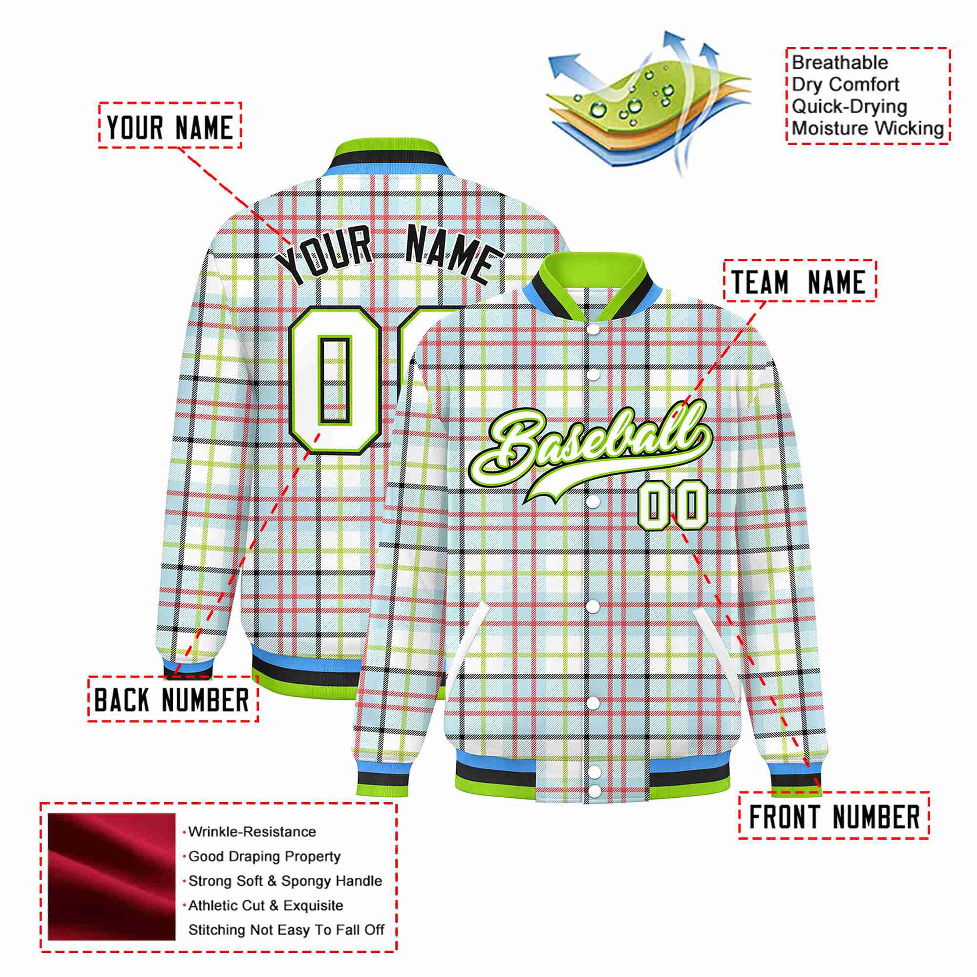 Custom Cream Neon Green-Red Varsity Full-Snap Plaid Pattern Letterman Baseball Jacket