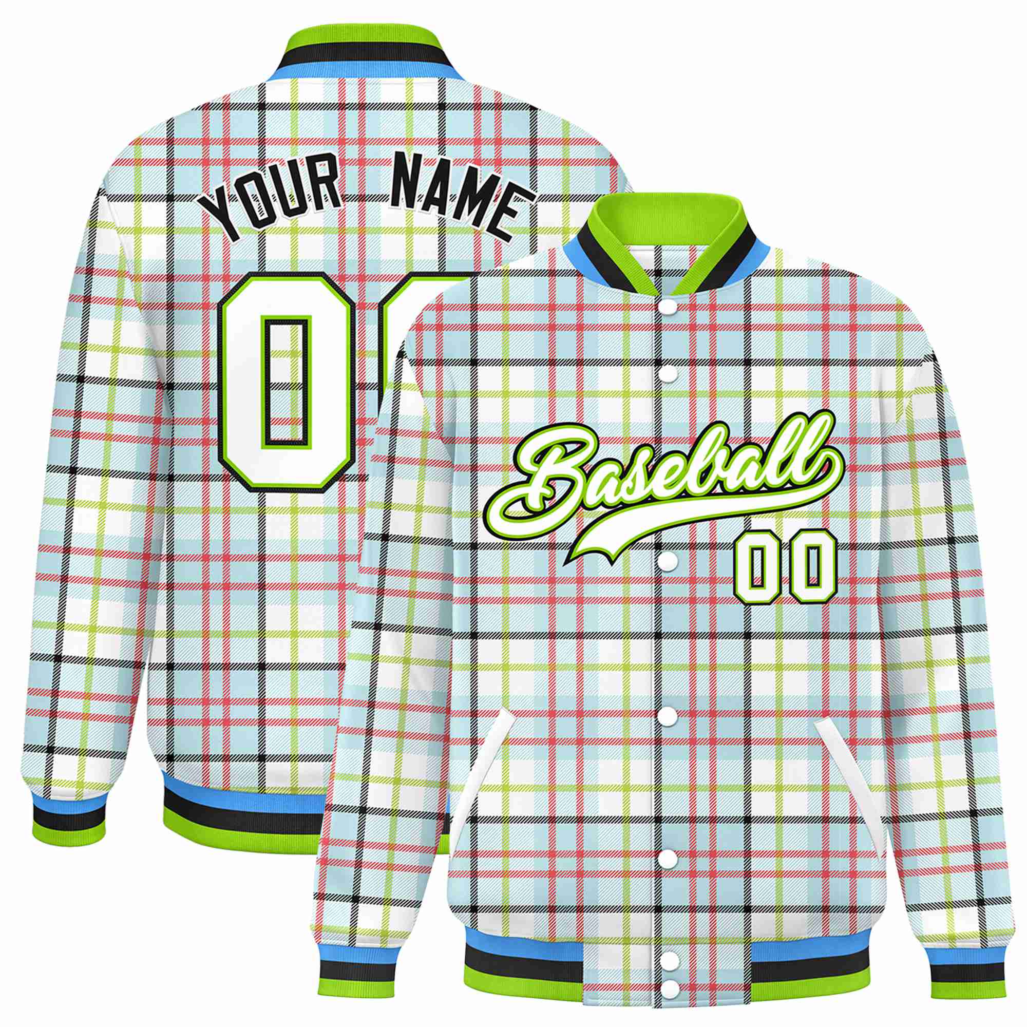 Custom Cream Neon Green-Red Varsity Full-Snap Plaid Pattern Letterman Baseball Jacket