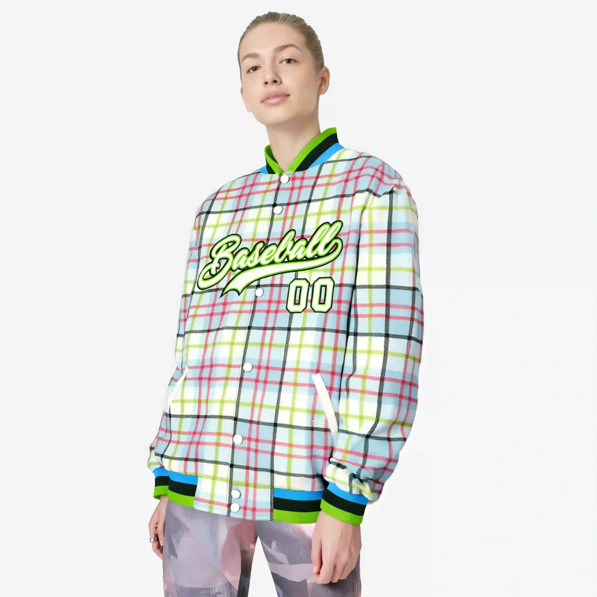 Custom Cream Neon Green-Red Varsity Full-Snap Plaid Pattern Letterman Baseball Jacket
