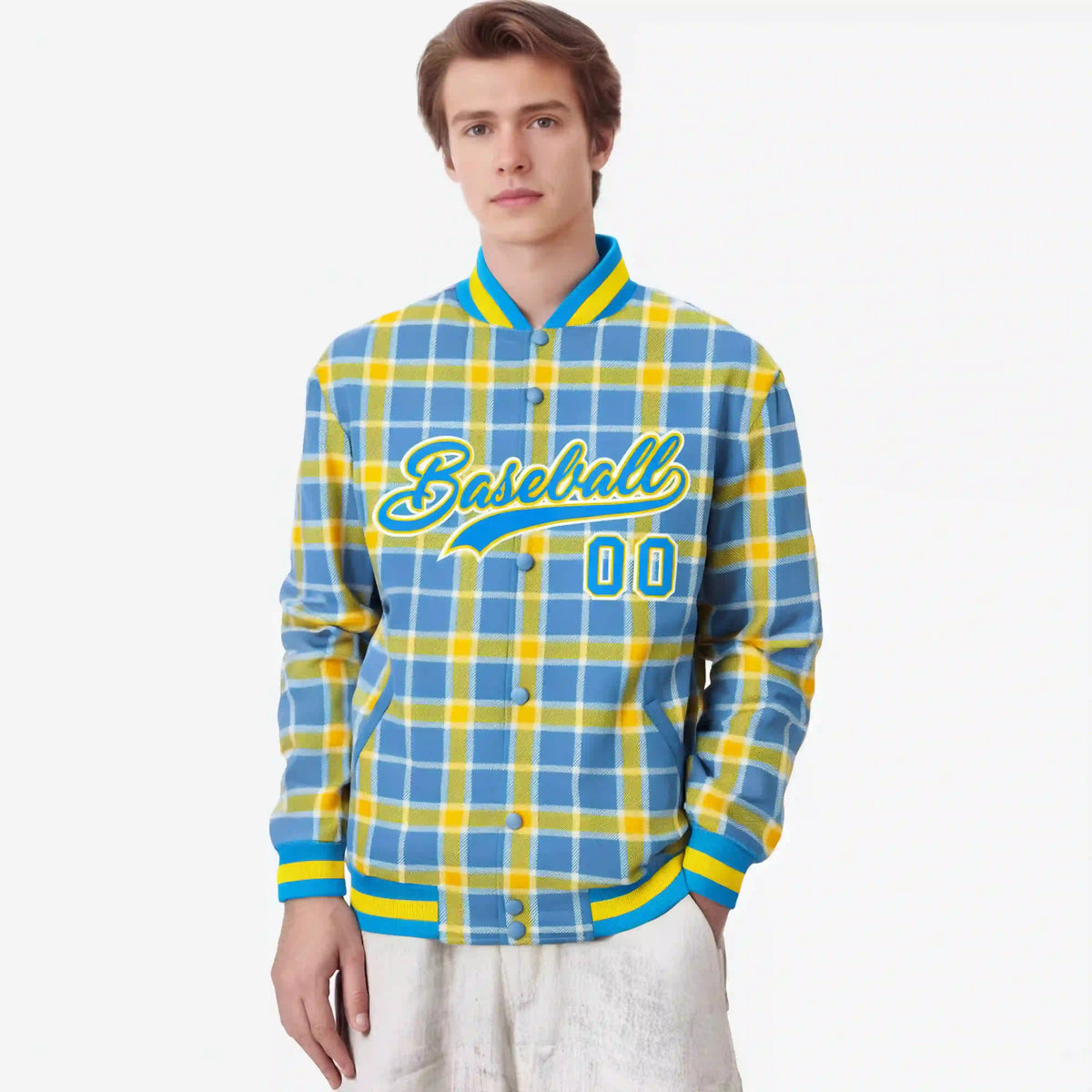 Custom Light Brown-Gold Varsity Full-Snap Plaid Pattern Letterman Baseball Jacket