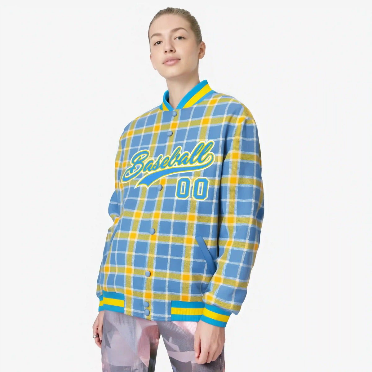 Custom Light Brown-Gold Varsity Full-Snap Plaid Pattern Letterman Baseball Jacket