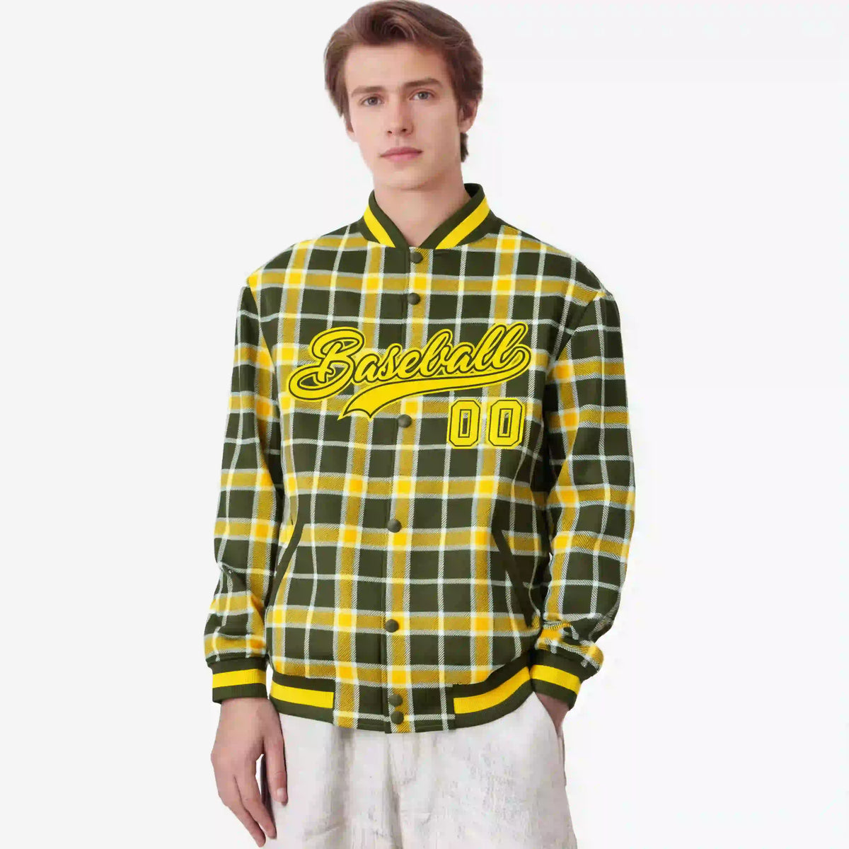 Custom Dark Gray-Gold Varsity Full-Snap Plaid Pattern Letterman Baseball Jacket