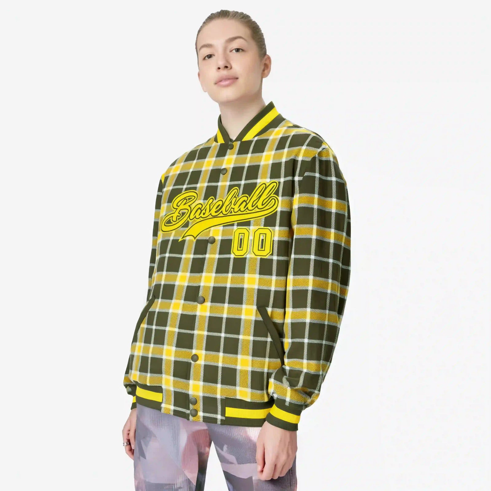 Custom Dark Gray-Gold Varsity Full-Snap Plaid Pattern Letterman Baseball Jacket