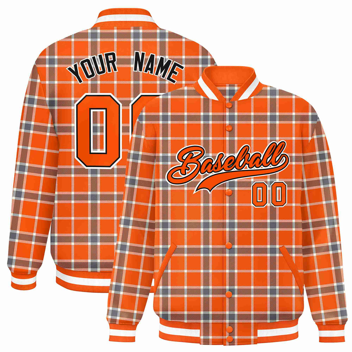Custom Orange-Light Brown Varsity Full-Snap Plaid Pattern Letterman Baseball Jacket