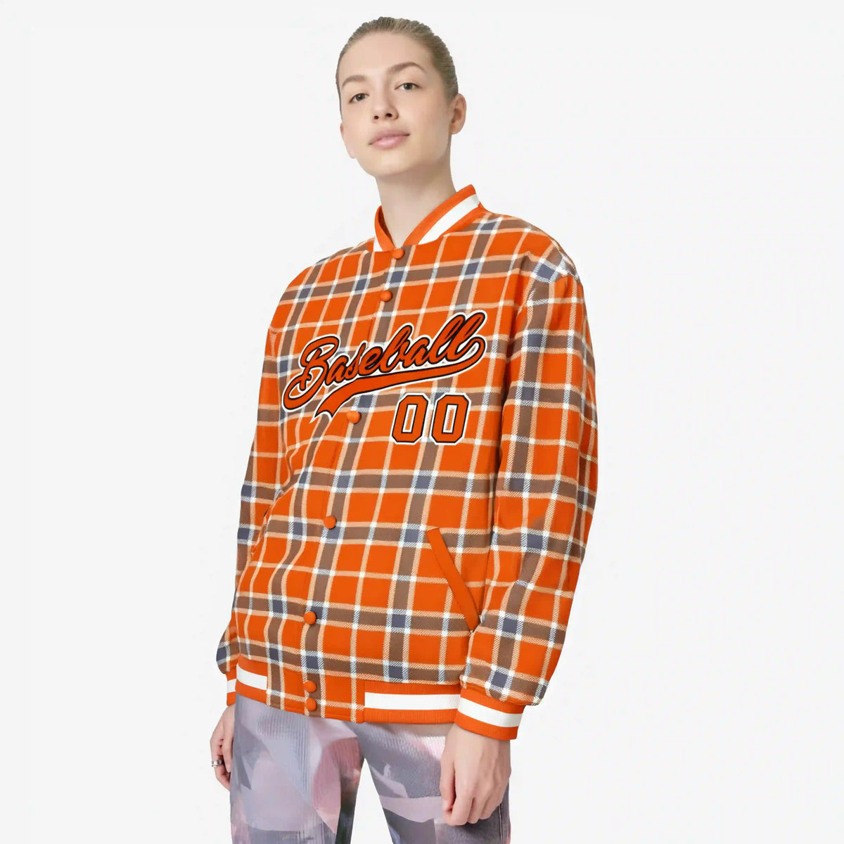 Custom Orange-Light Brown Varsity Full-Snap Plaid Pattern Letterman Baseball Jacket