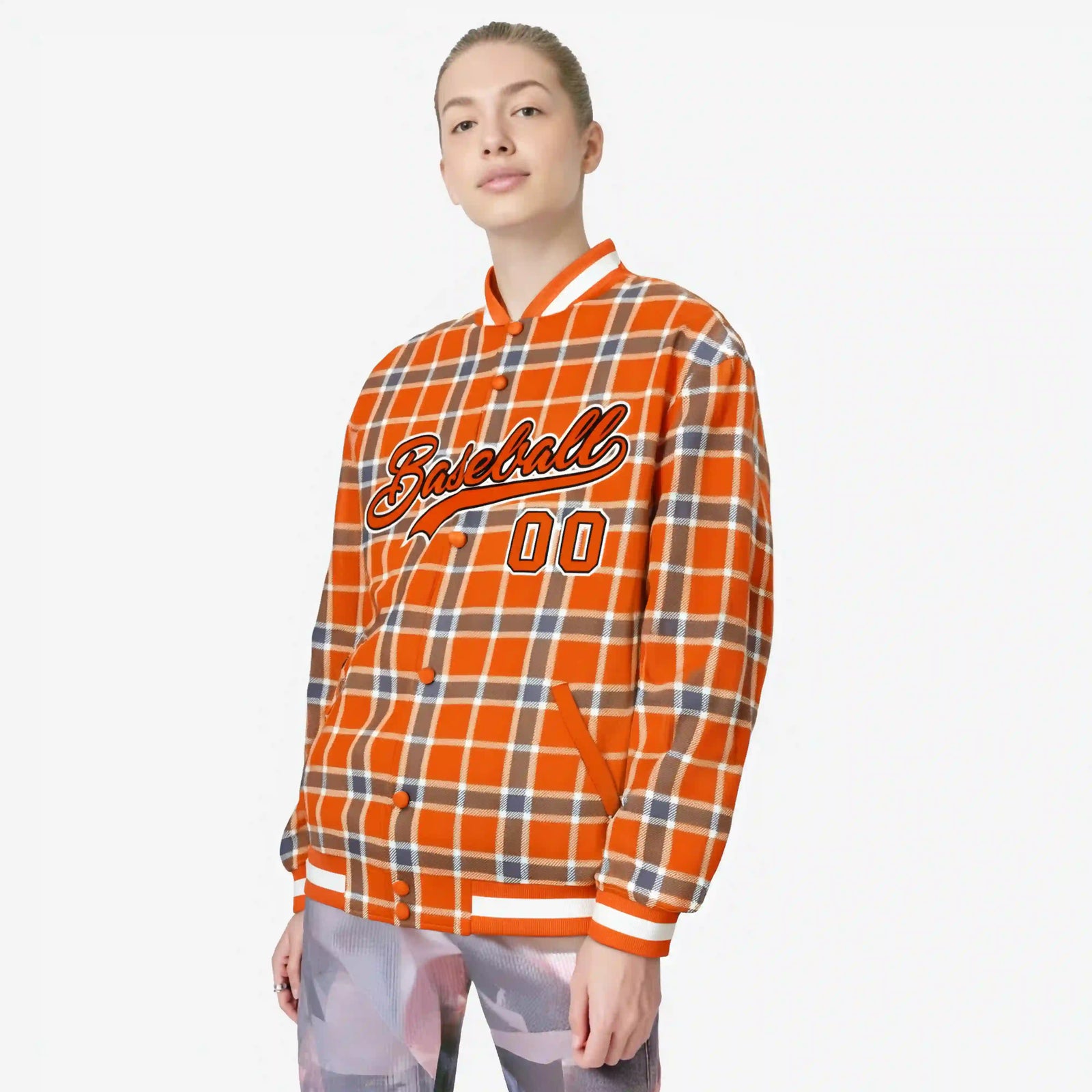Custom Orange-Light Brown Varsity Full-Snap Plaid Pattern Letterman Baseball Jacket