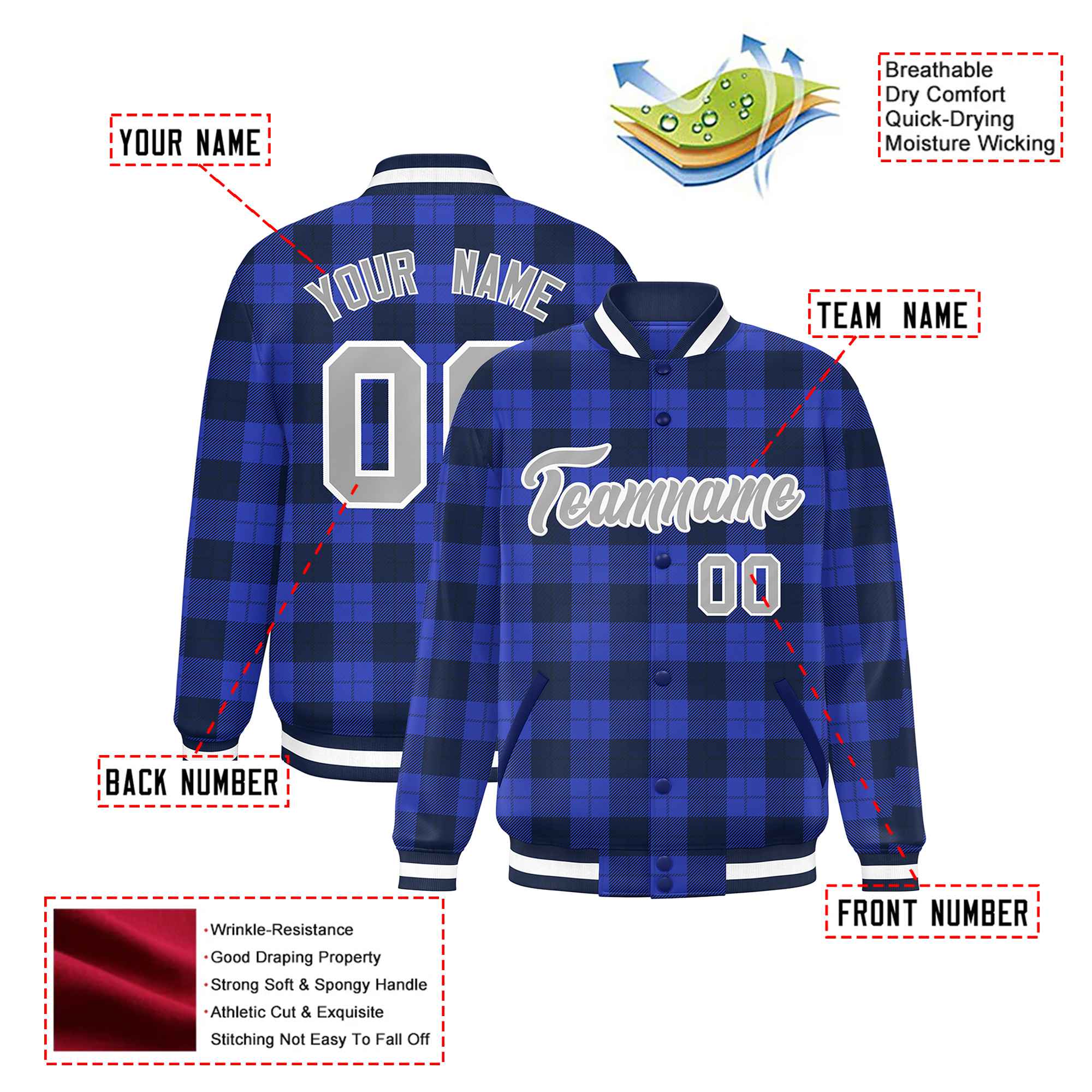 Custom Royal Blue-Black Varsity Full-Snap Plaid Pattern Letterman Baseball Jacket