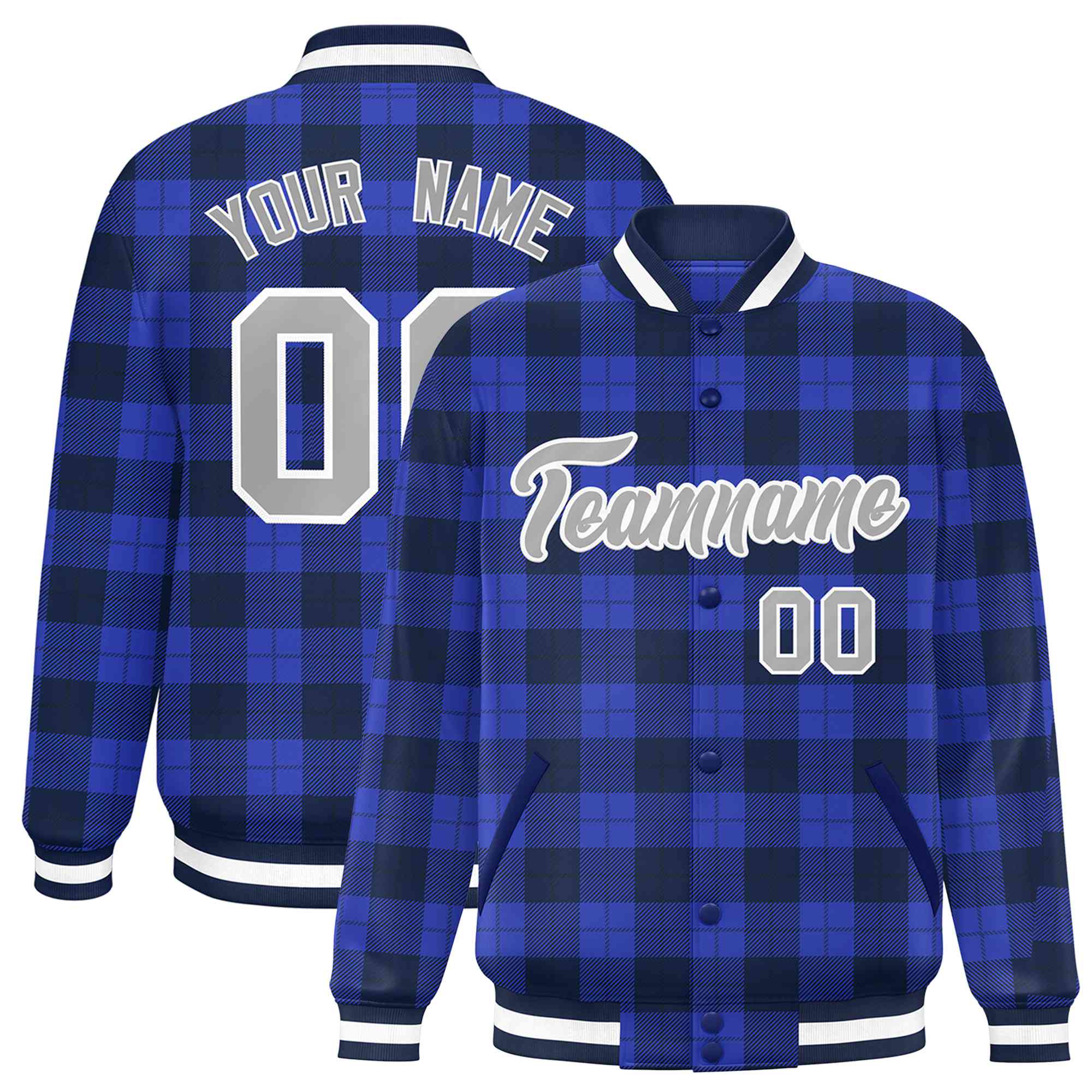 Custom Royal Blue-Black Varsity Full-Snap Plaid Pattern Letterman Baseball Jacket